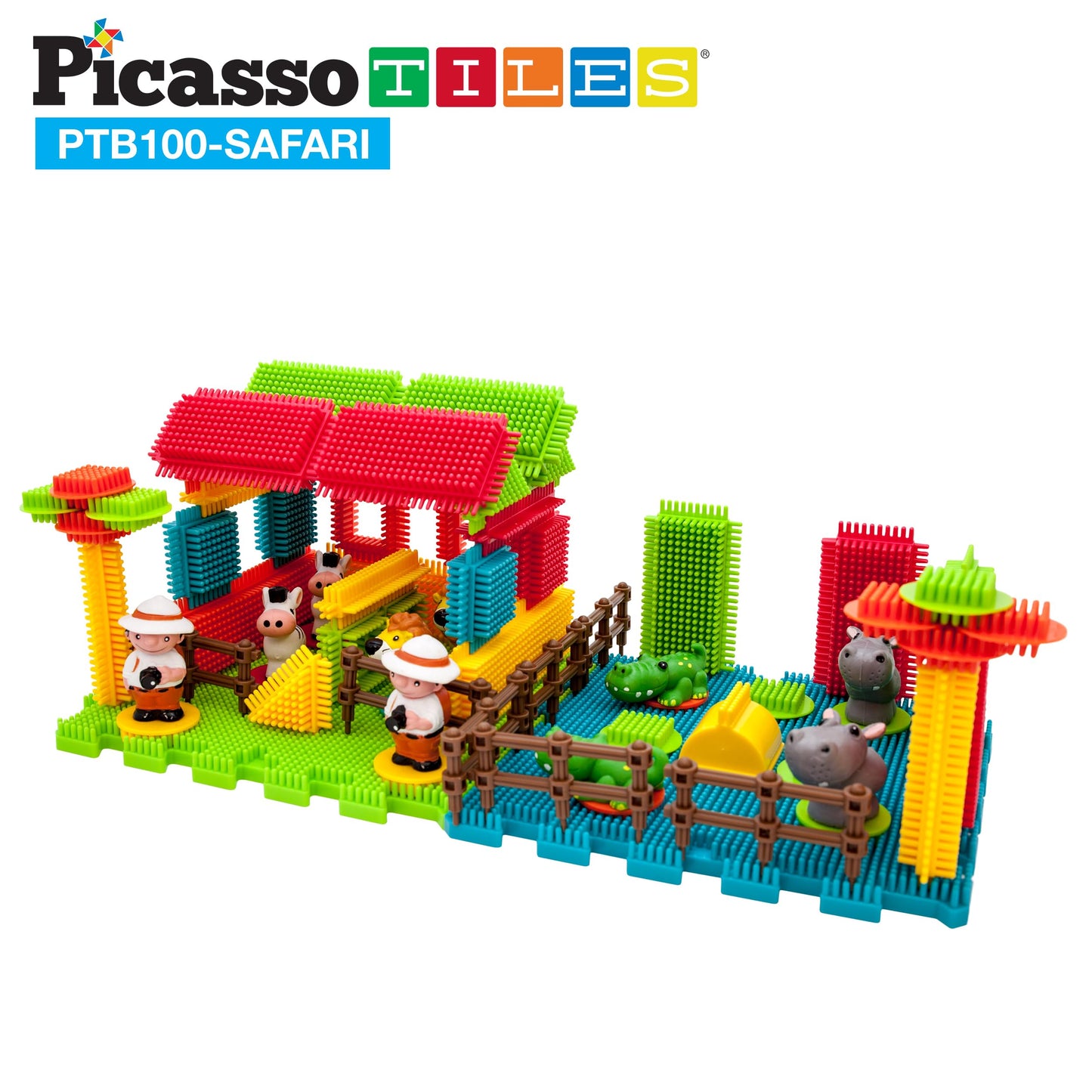 PicassoTiles PTB100 100pcs Bristle Lock 3D Building Blocks Tiles Safari Theme Set Learning Playset STEM Toy Set Educational Kit Child Brain Development Preschool Kindergarten Toy for Age 3 & Up