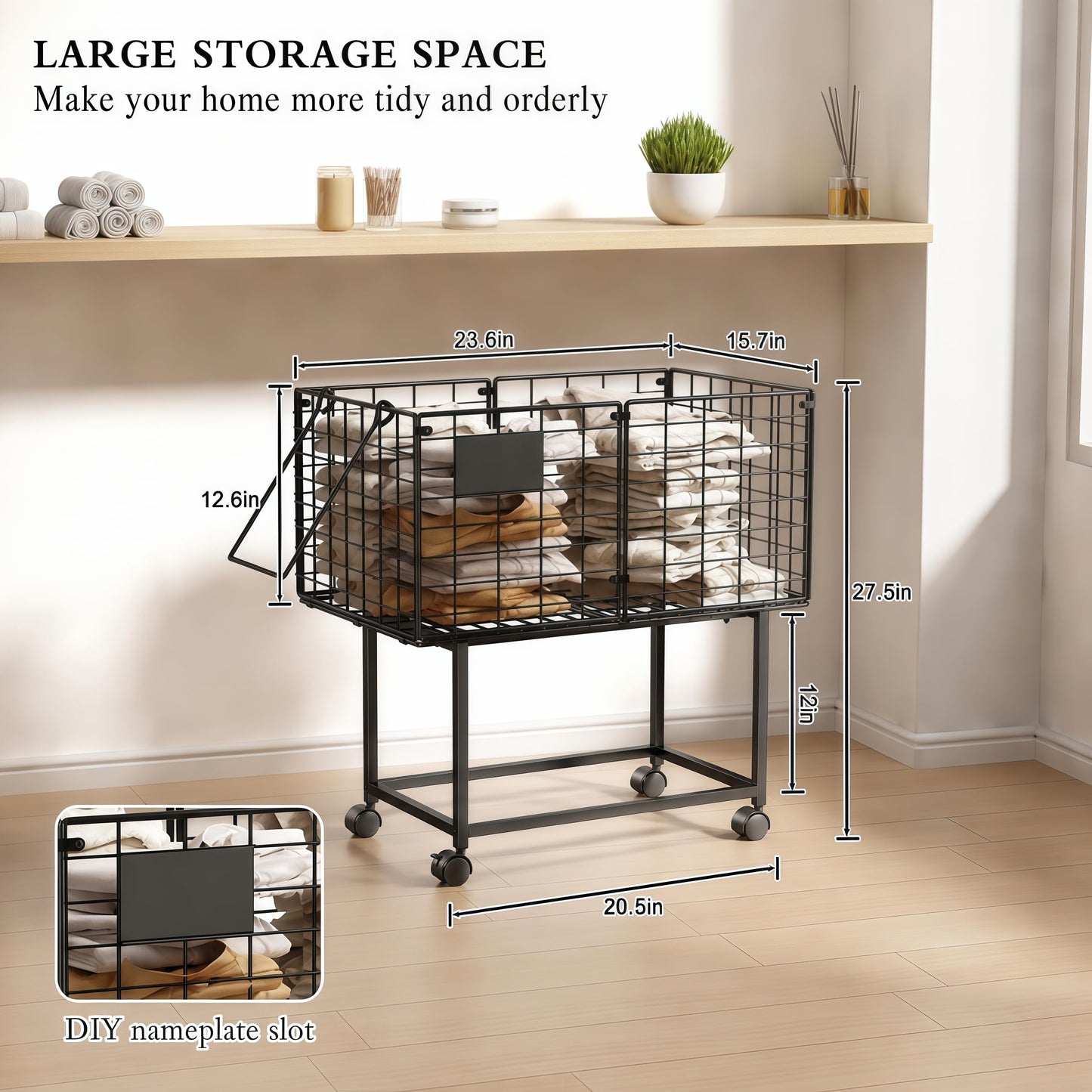 CICUFY Rolling Laundry Cart, 80L Wire Laundry Hamper Basket on Wheels, Dirty Clothes Basket with Handle, Metal Clothes Hamper Organizer for Laundry Room, Bathroom, Bedroom, Dorm, Black