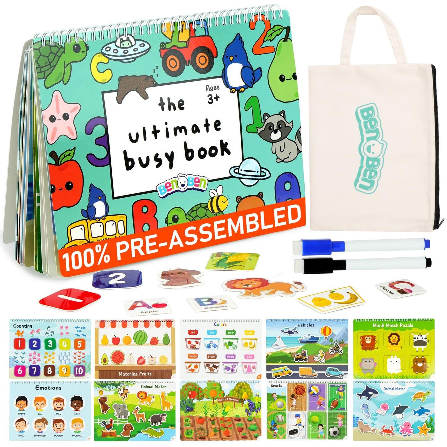 BenBen Busy Book for Toddlers, 30 Pages, Pre-Assembled, Montessori Toys, Preschool Learning Activities, Educational Sensory Toys, Kids Activity Book, Autism Learning Materials