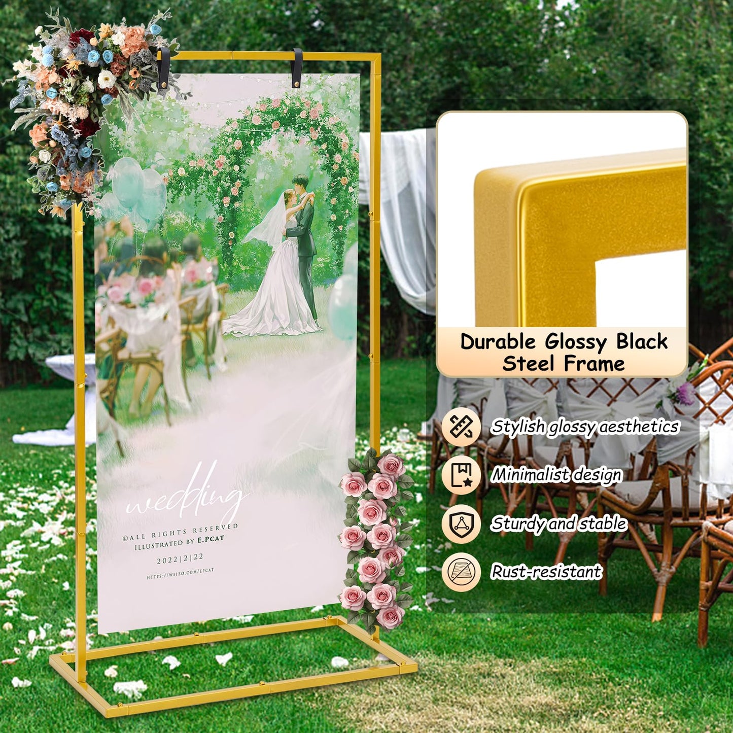 Elegant Wedding Sign Stand & Holder，Golden Heavy Duty Metal Wedding Welcome Sign Stand for Reception，Welcome to Our Wedding Hanging Sign Stand - Perfect for Seating Chart, Posters, and Decor