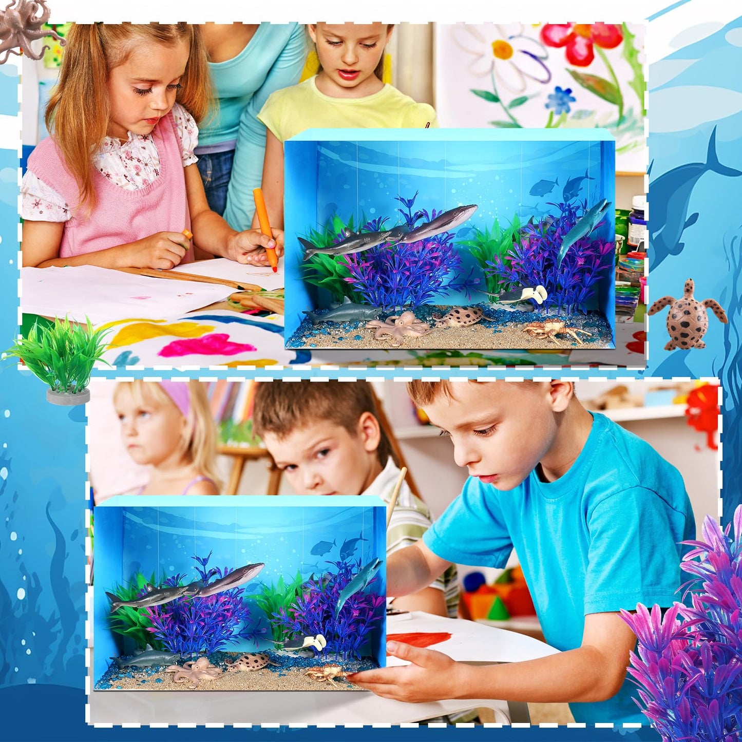 Silipull 23 Pcs Marine Animal 3D Model Project Set, Including Animal Image Model, Artificial Stones, Sand, Stones, and Moss, Comes with a Gift Box, Gift for School Projects and Birthday Parties