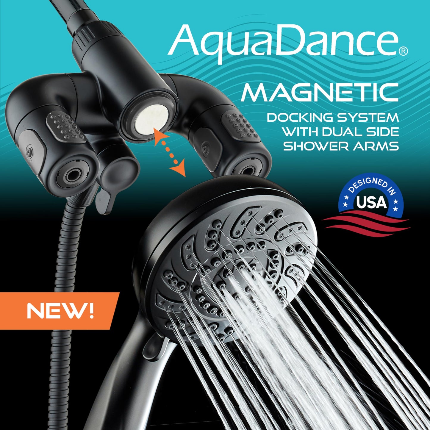 Aquadance High Pressure 156 Setting 14 Zone Shower Head & Handheld 3-way Combo System - Magnetic Docking, 314 Power Jets, Dual Adjustable Arms, 6 ft. Metal Hose, Matte Black Finish, Top American Brand