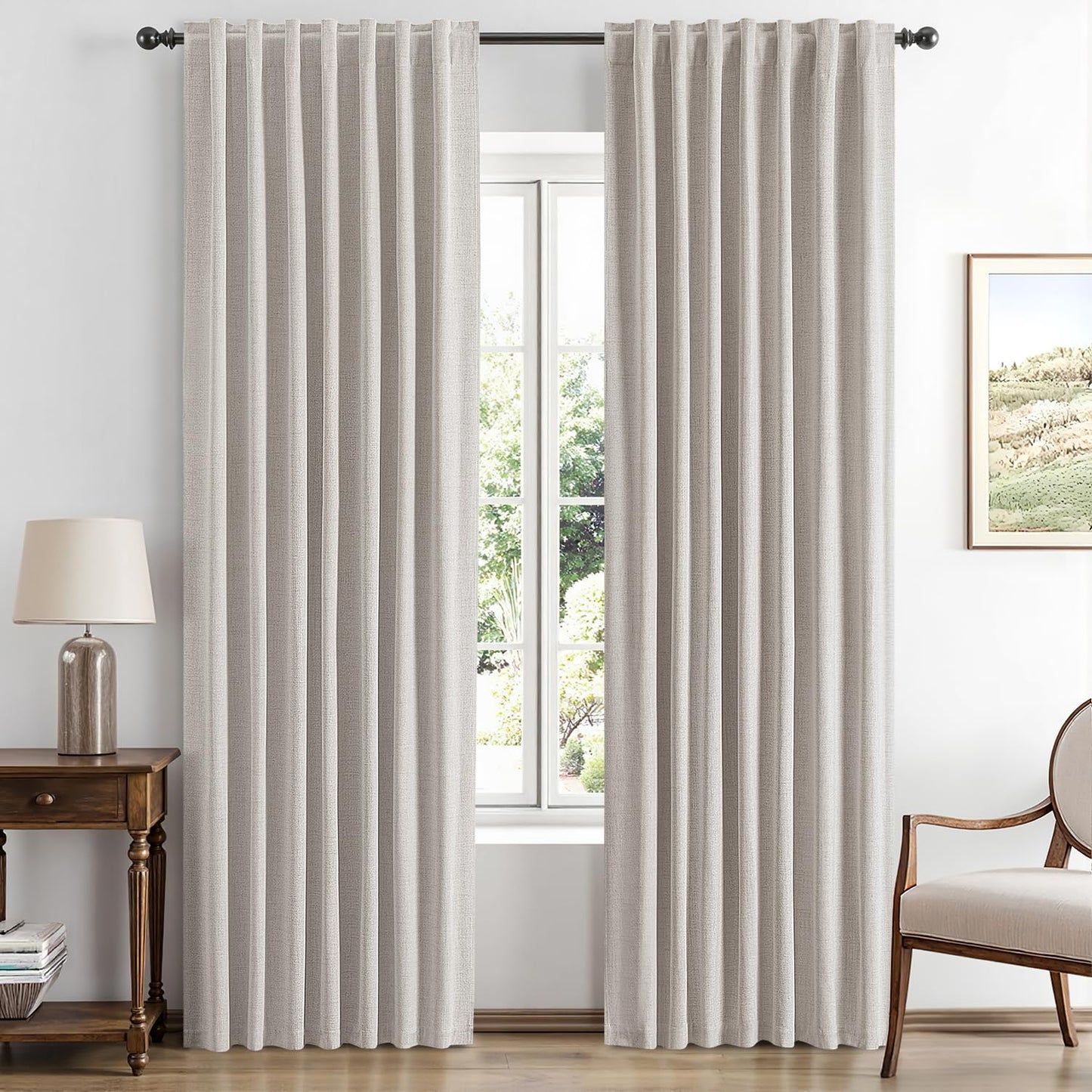 MIULEE 90 Inch Long 100% Blackout Linen Curtains for Bedroom, Ivory Solid Luxury Decor Thermal Insulation Room Darkening Drapes for Living Room Back Tab Rod Pocket 42 x 90 Inches, 2 Panels