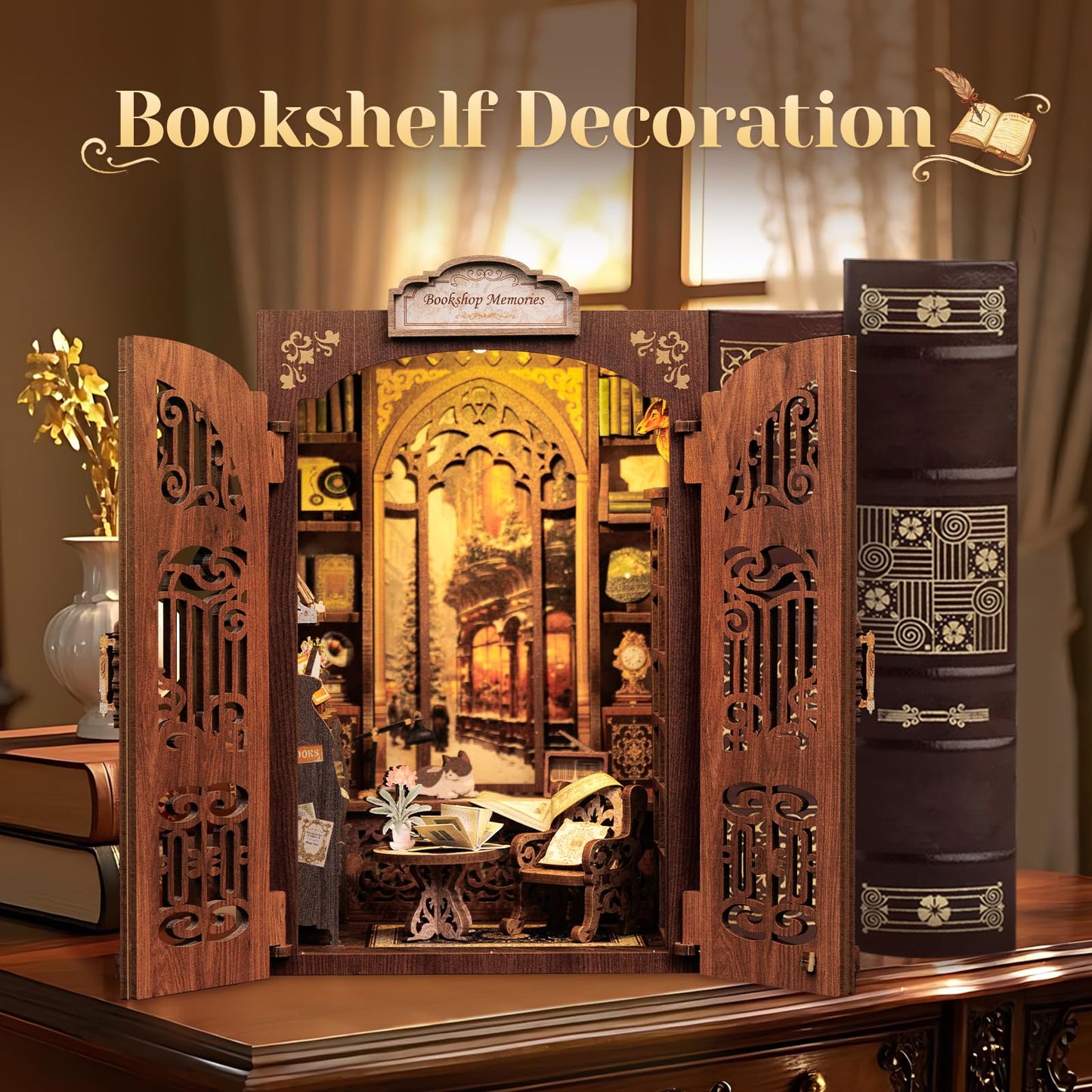 CUTEBEE Book Nook Kit, DIY Miniature House Kits for Adult and Teens, Bookend Diorama with LED, 3D Wooden Puzzle, Mini Booknook Bookshelf Insert Decor, Crafts Hobbies Gifts for Adults（Owl Bookstore