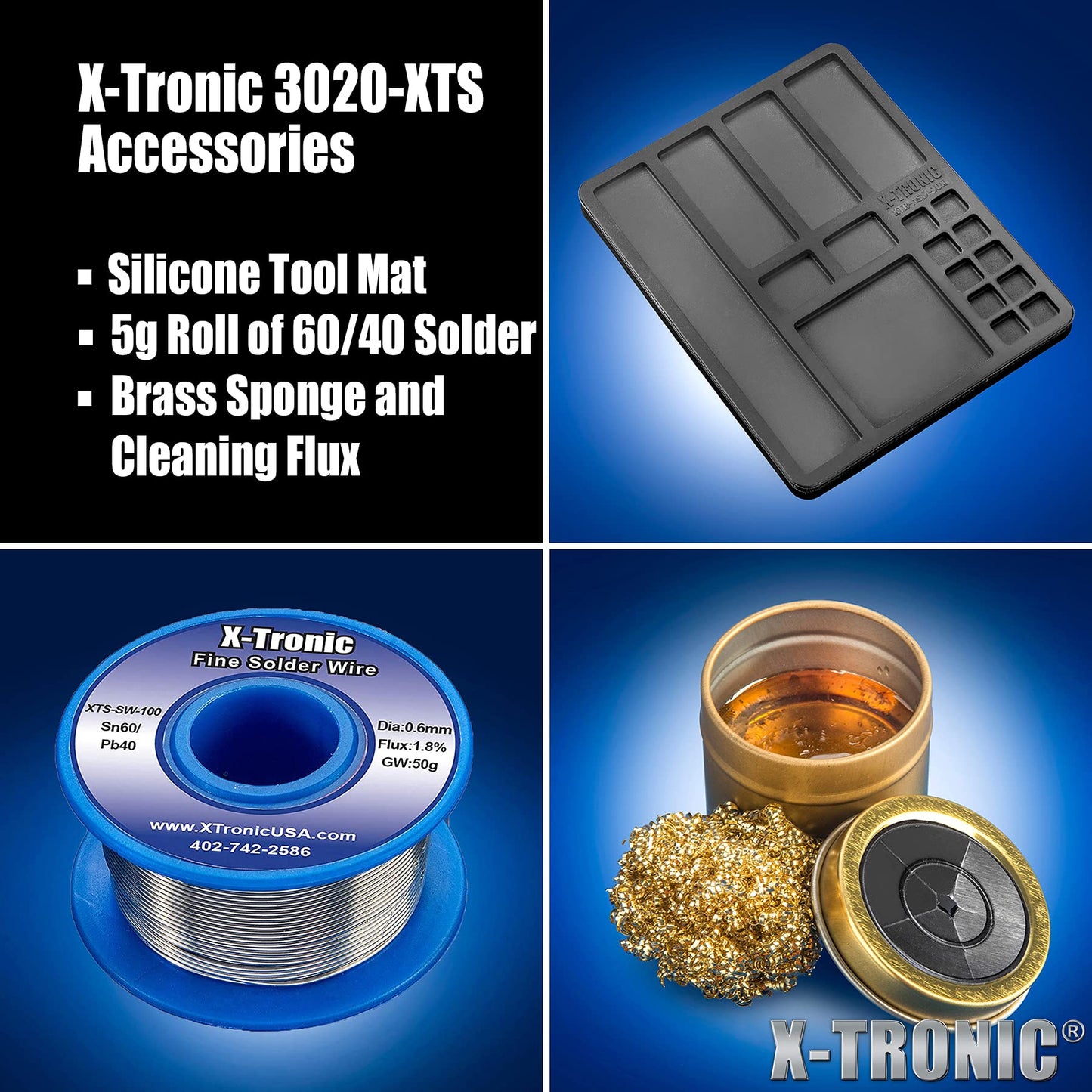 The Original X-Tronic 3020-XTS • 75W Soldering Iron Station • LED • 2 Helping Hands • Roll of Solder • Brass Sponge w/Cleaning Flux • Wet Sponge • °C/°F Conversion Switch • 10 Minute Sleep Feature!