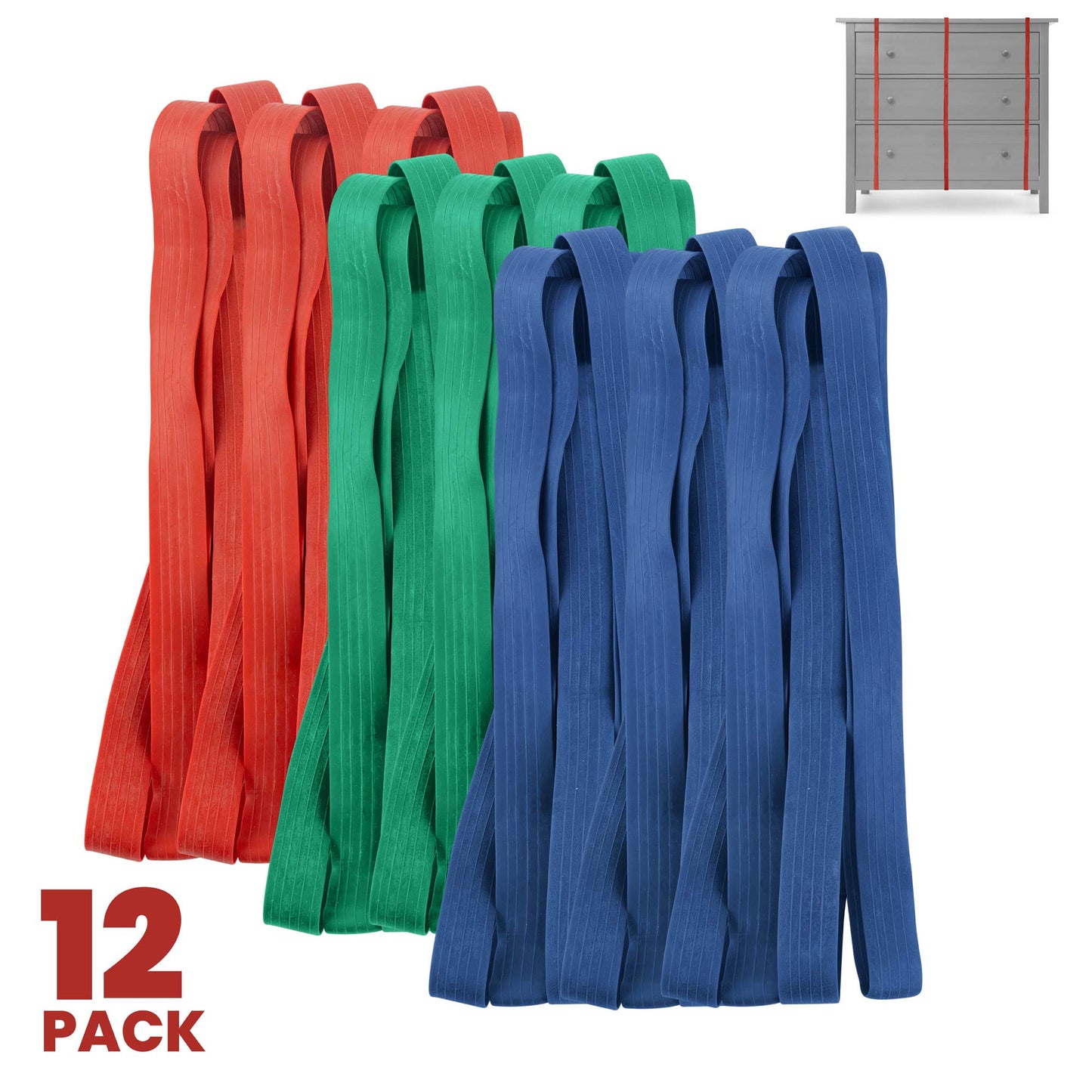 12 Pack Variety Extra Large Moving Rubber Bands for Furniture and Moving Blankets - Extra Strength Rubber Mover Bands - 42", 36" and 30" Length - Moving Supplies by Kitchentoolz