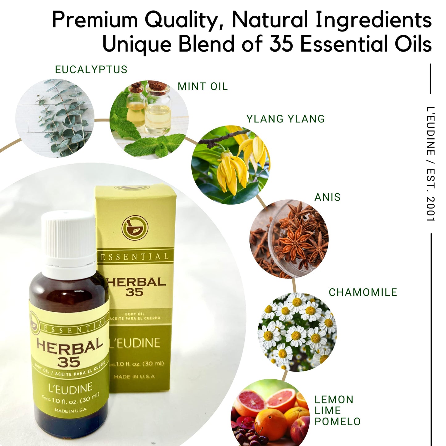 L’EUDINE Herbal 35 Essential Oil – Pack of 3 – 1fl oz Aromatherapy Oils – Eucalyptus and Mint Oil – Promotes Optimal Blood Circulation – Soothing and Calming Effect