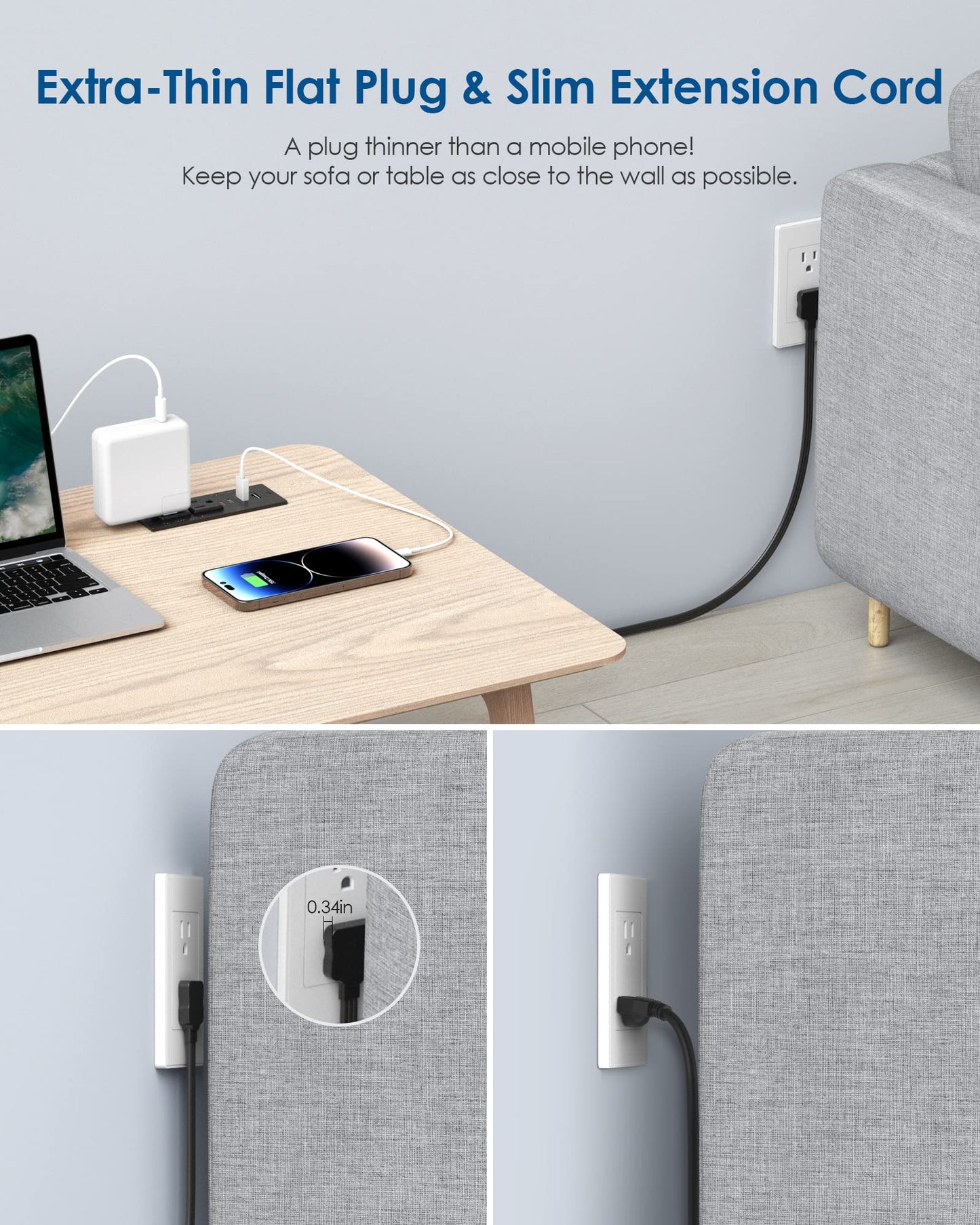 45W USB C Recessed Power Strip,Flush Mount Desk Recessed Outlet,Space-Saver for Furniture Side Table,2 USB-C &2 USB-A Ports,2 AC Outlets,6ft Cord,Ultra Thin Flat Plug