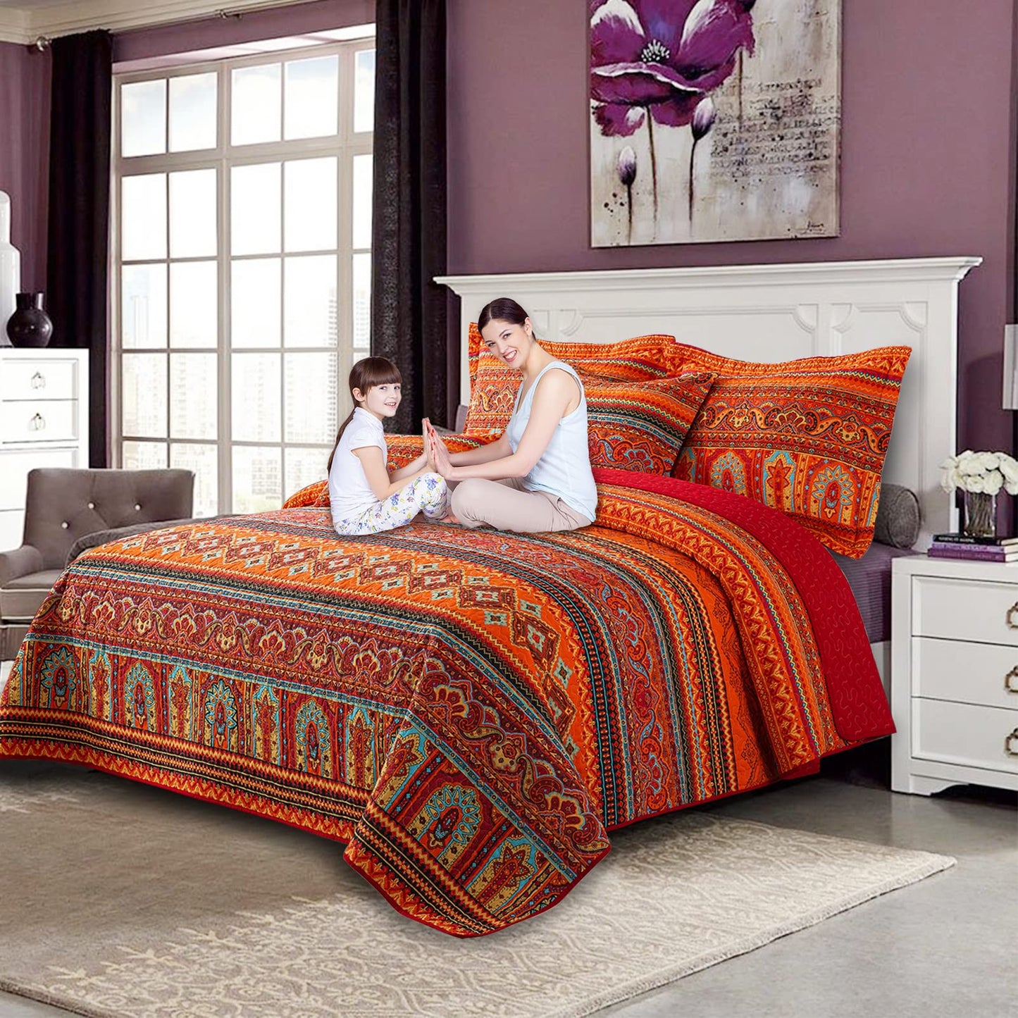 VAPUTAR Cotton Quilt King Size Bedding Set - 3 Pieces King Quilt Bedding Set, Boho King Size Quilts, Lightweight Reversible Coverlets Bedspreads for Farmhouse Bedroom (Red/Orange)