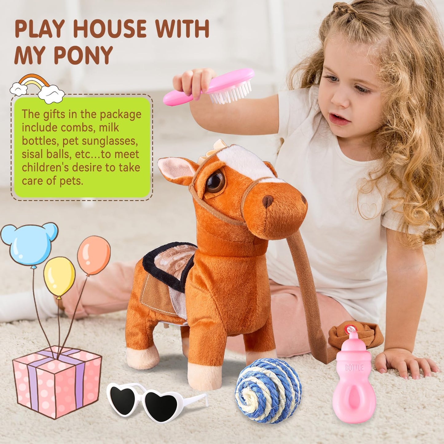 HCdoujoy Brown Walking Pony for Kids Plush Interactive Singing Dancing Musical Realistic Pet, Stuffed Animal Shaking Leash Horse Head Buttocks Toy for Boys Girls or Toddlers