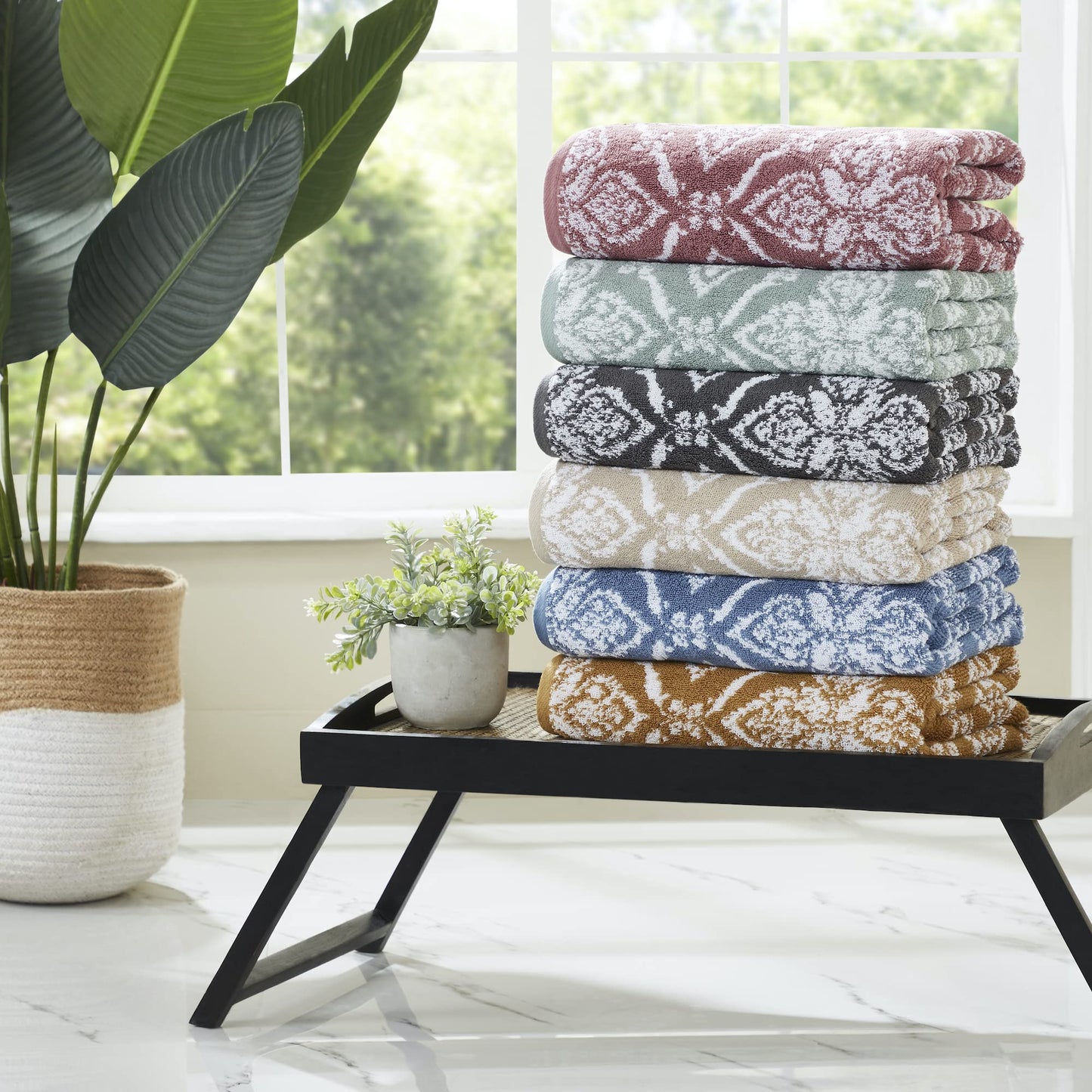 Modern Threads Amaris 6-Piece Reversible Yarn Dyed Jacquard Towel Set - Bath Towels, Hand Towels, & Washcloths - Super Absorbent & Quick Dry - 100% Combed Cotton, Khaki