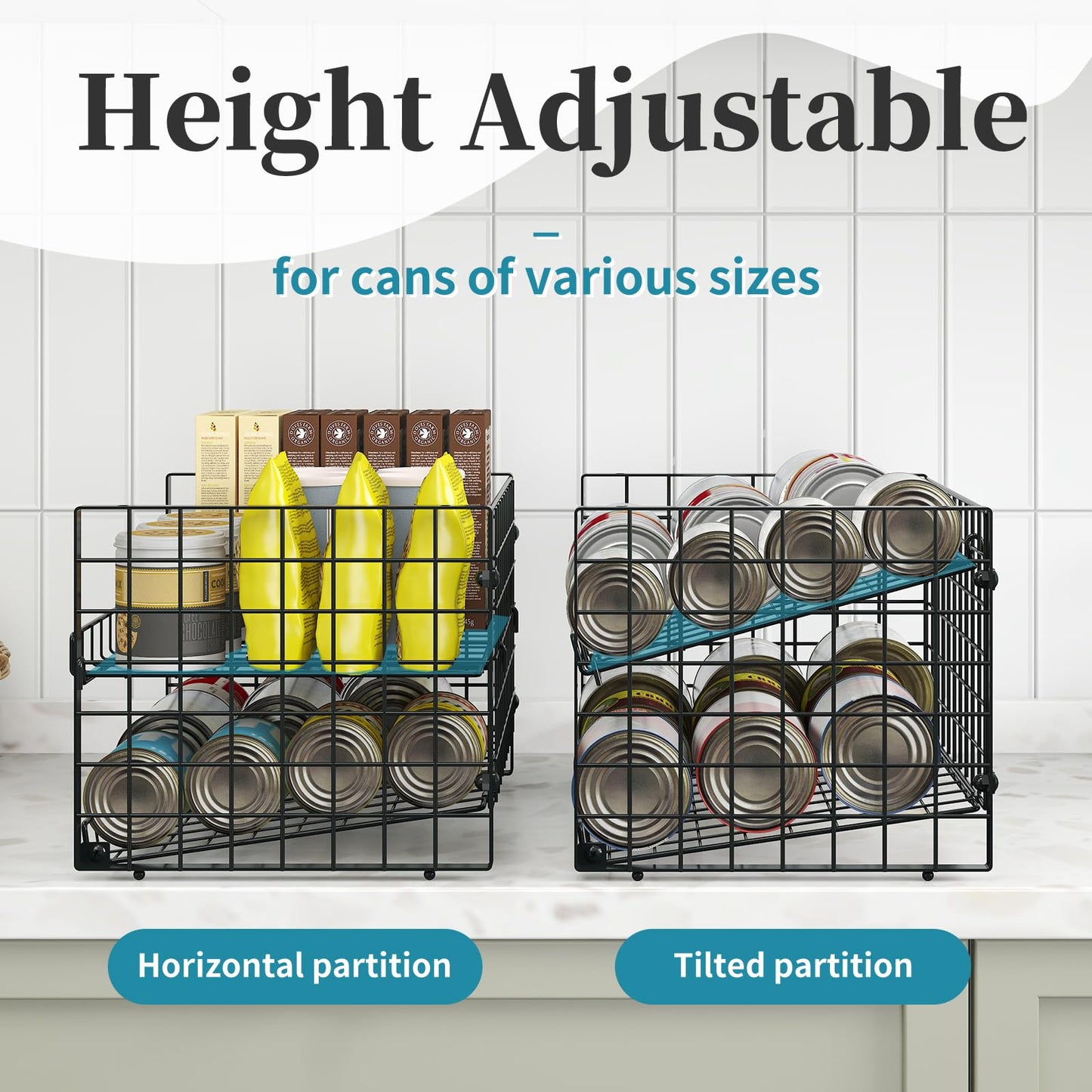 3-Pack Stackable Can Rack Organizer for Pantry, Adjustable Can Holder for Various Ounce of Cans up to 90, Rolling Can Dispenser for Canned Food Soup Goods Storage in Kitchen Cabniet, 2 Tier, Black