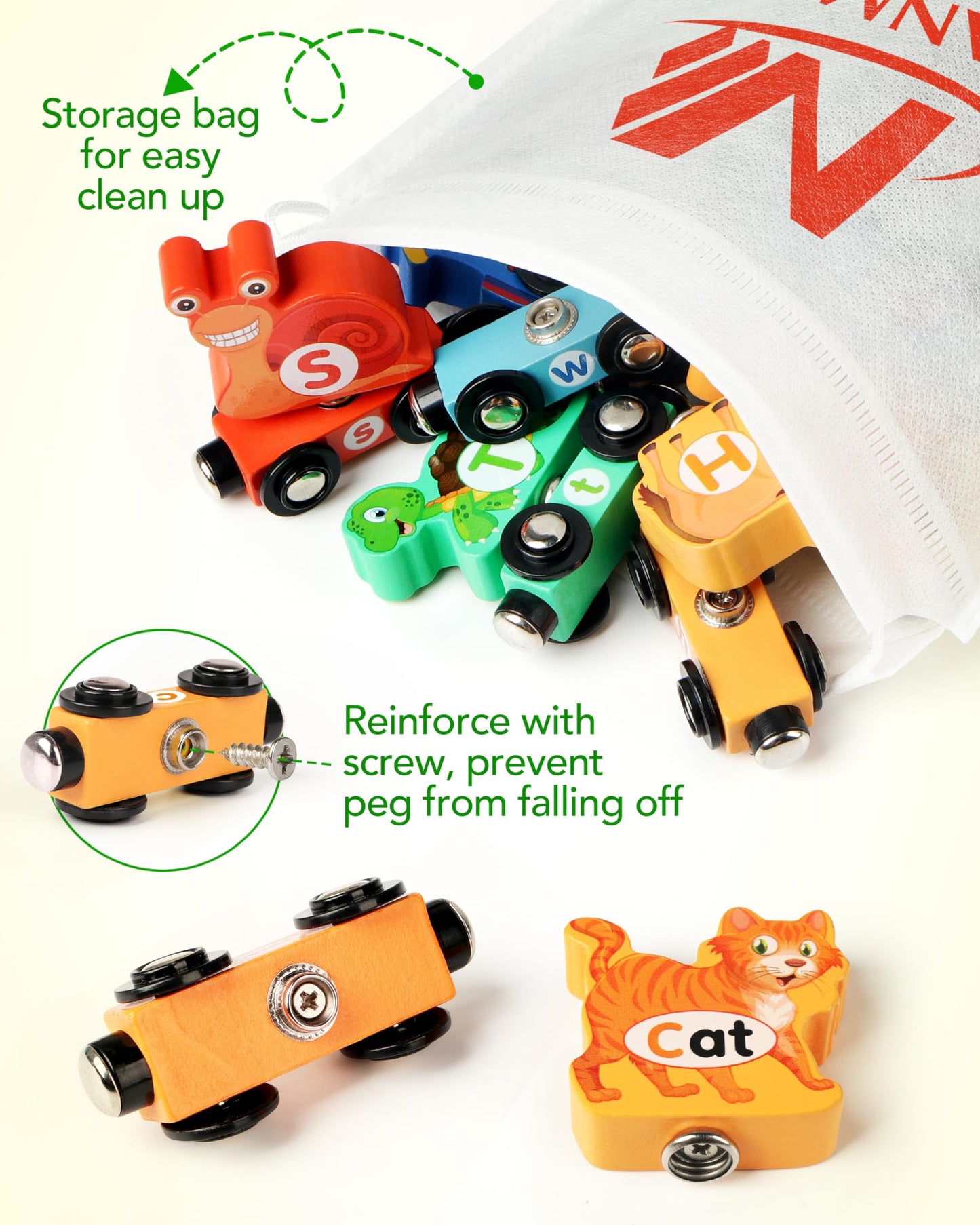 Vanmor 27 Pcs Magnetic Wooden Alphabet Train Set, ABC Learning Toy with 42 Flash Cards & Storage Bag, Fun Educational Toy for Kids Ages 3-7, Interactive Early Development Gift for Toddlers (Animal)