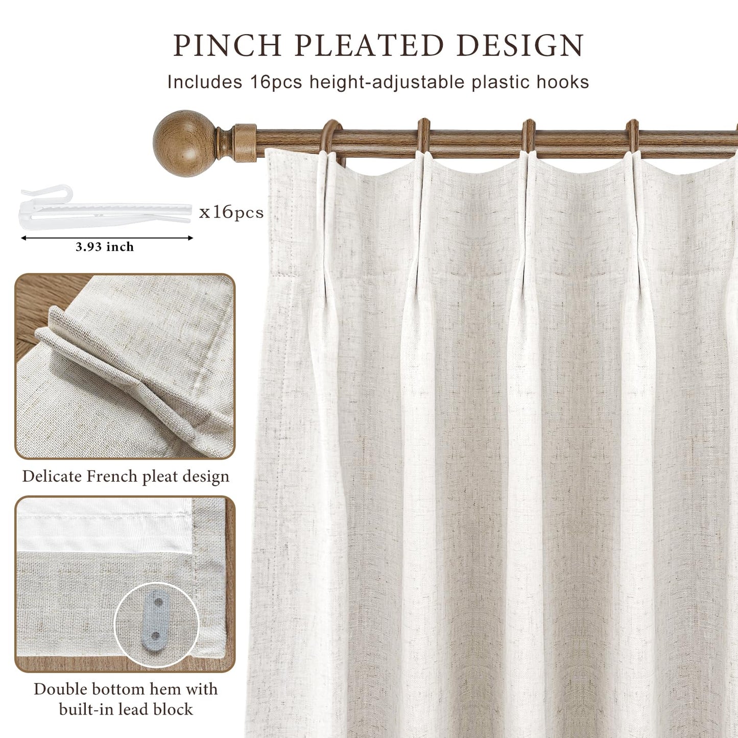 IVAPUPU Linen Pinch Pleated Blackout Curtains for Bedroom - 100% Black Out Natural Curtains 102 Inch Long 2 Panel for Living Room Darkening Thermal Insulated Thick Window Drapes with 16pc Hooks