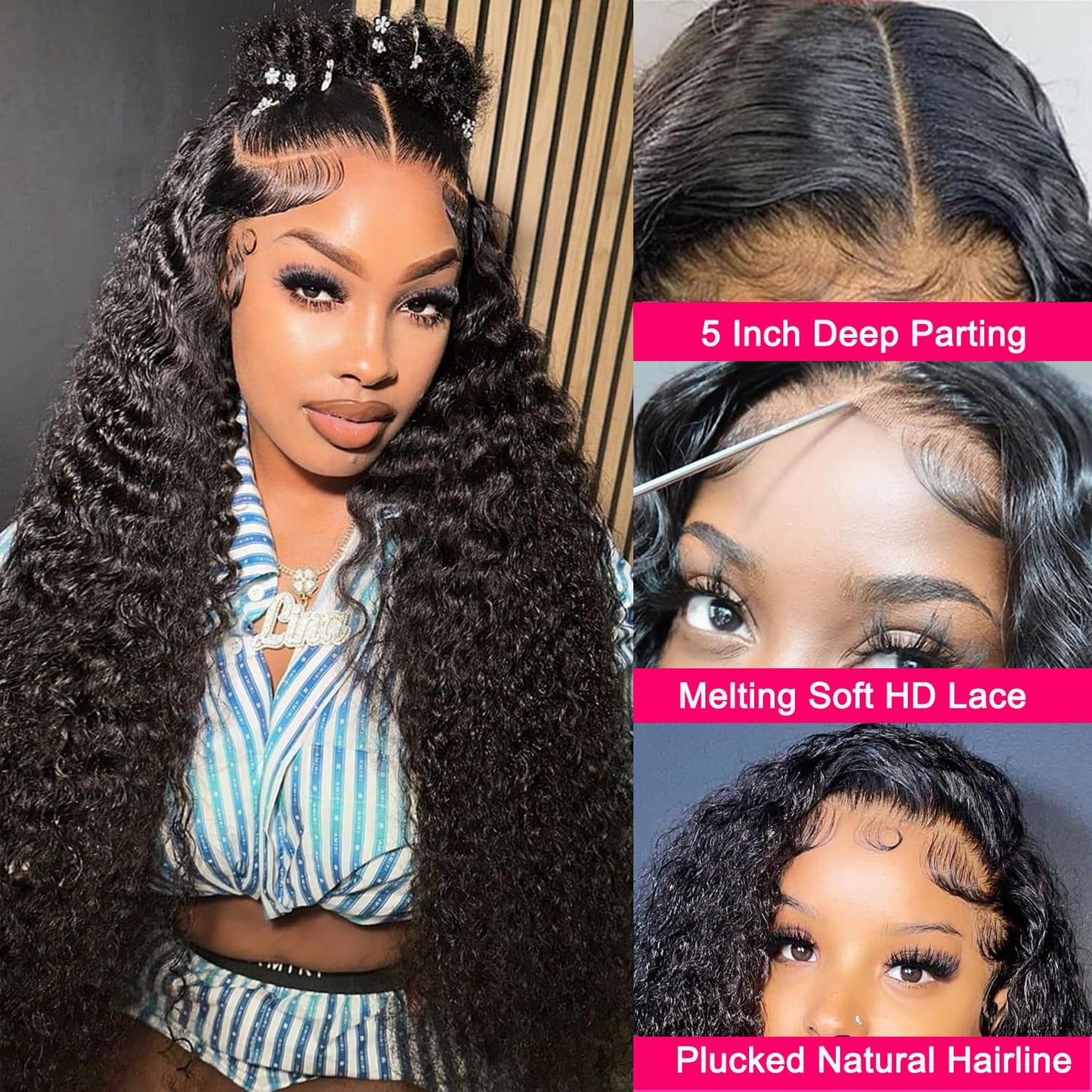 Brazilian Virgin 24 Inch 5x5 HD Lace Closure Deep Wave Wig - Human Hair, Glueless, Pre-Plucked, Deep Curly, 180% Density