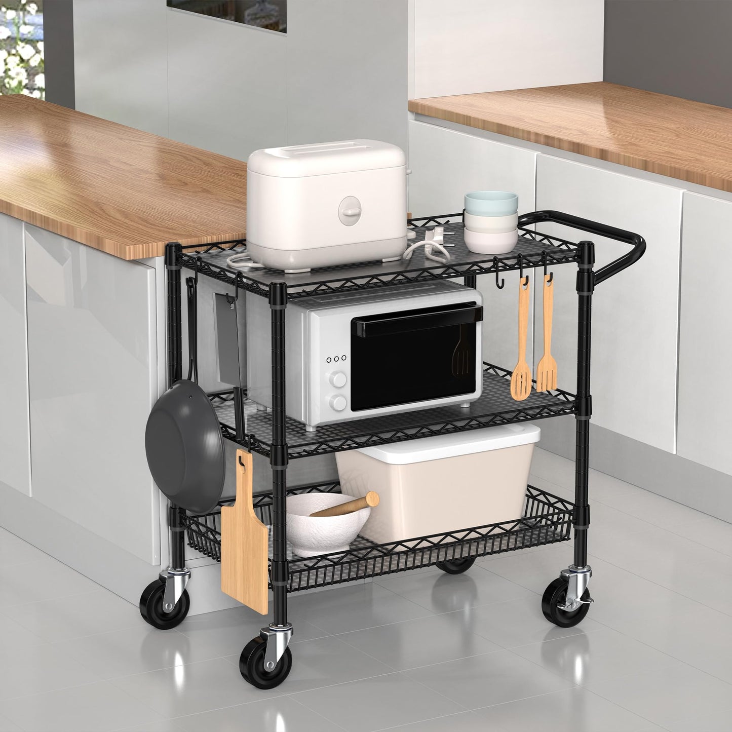 Folews Heavy Duty Rolling Cart with Wheels, 3 Tier Commercial Grade Utility Cart, Metal Kitchen Storage Trolley with Handle Bar & Shelf Liner for Food Service Tool, Black