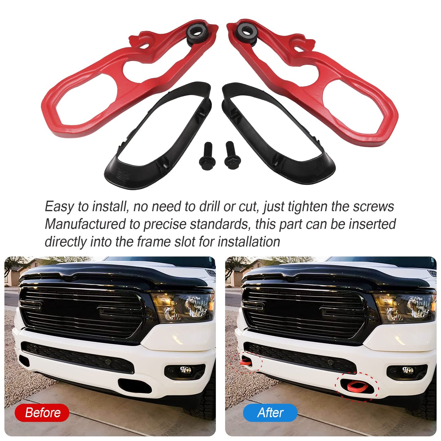 JDMSPEED New Heavy Daty Front Car Tow Hooks Left & Right with Hardware Red Replacement for Dodge Ram 1500 DT with 3.6L 5.7L Engine 2019 2020 2021 2022 Replaces 82215268AB 82215268AB 68272945AB