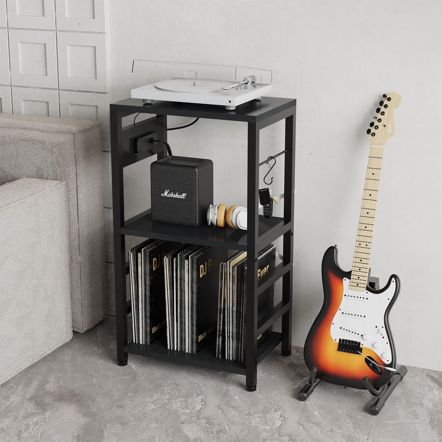 YAKANJ End Table with LED Light,Record Player Stand with Charging Station,Vinyl Records Storage,Turntable Stand Albums Storage for Music Room Studio-Industry Black
