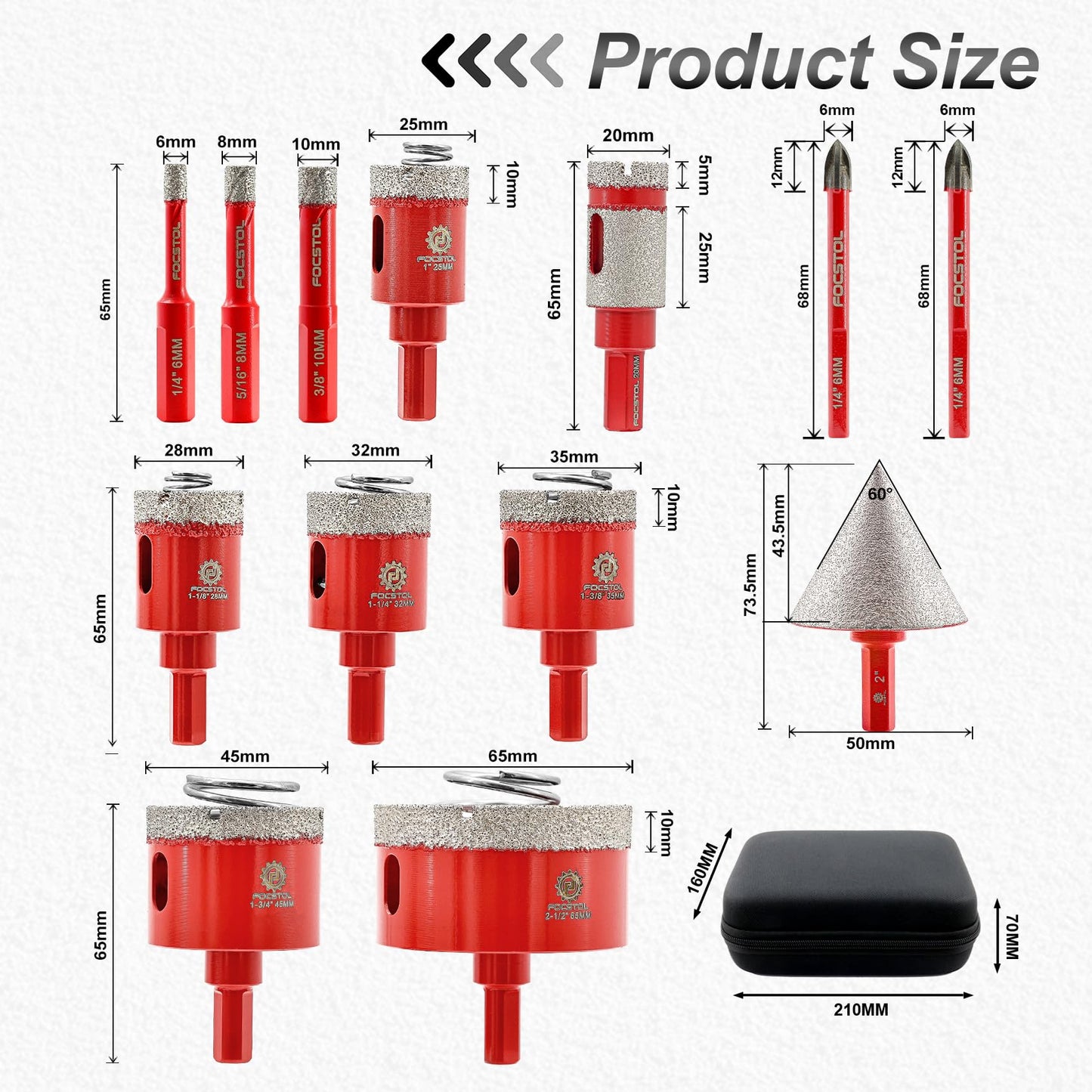 Diamond Core Drill Bit Set - FOCSTOL Diamond Hole Saw Kit for Porcelain Ceramic Tile 13pcs (6/8/10/25/28/32/35/45/65mm+50mm Beveling Chamfer Bit+20mm Drilling Milling Bit+6/6mm Carbide Drill)
