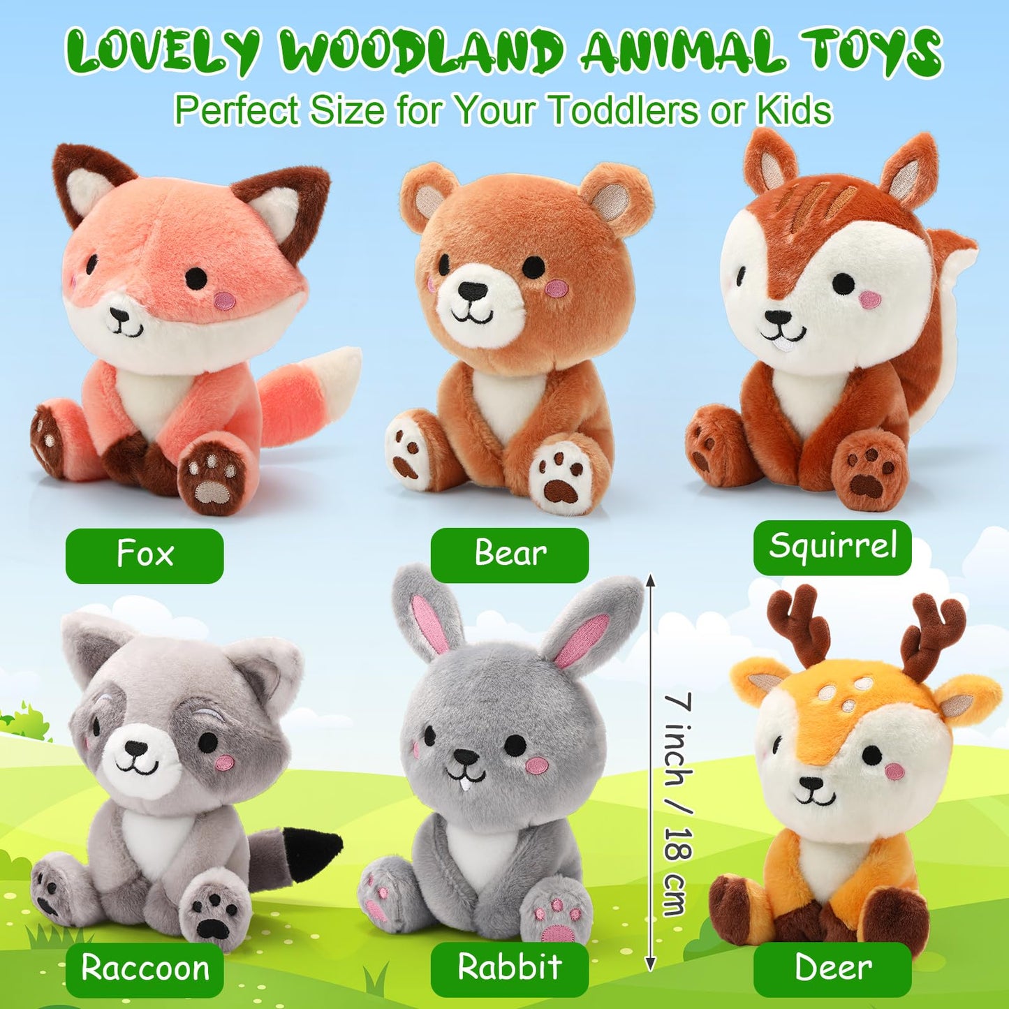 RoundFunny 6 Pcs Woodland Animals Plush Toys 7 Inch Bear Rabbit Squirrel Deer Raccoon and Fox Stuffed Animals for Birthday Gifts Baby Showers Party Decor