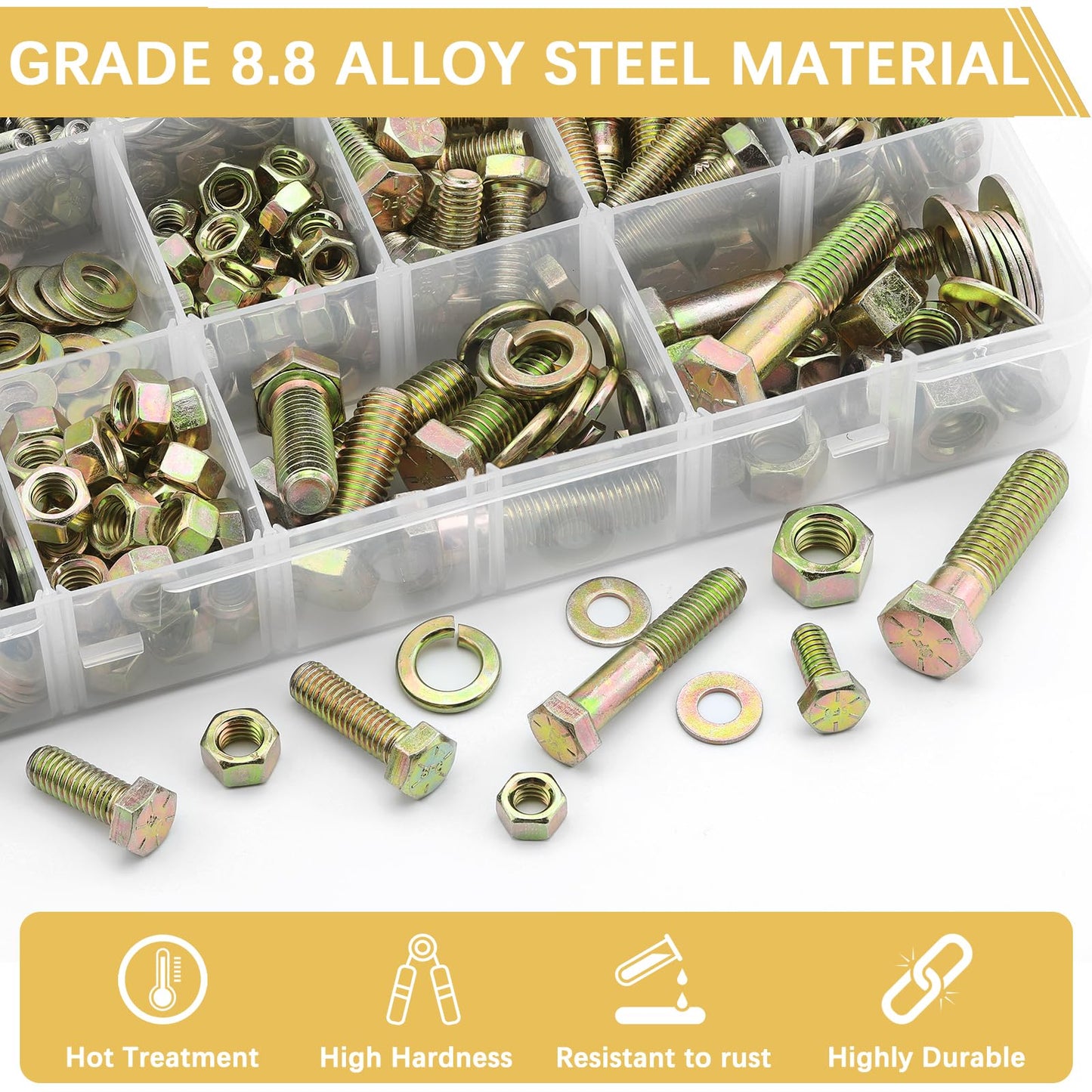 610 PCS Grade8.8 SAE Bolt and Nut Assortment,1/4 5/16 3/8 1/2 Heavy Duty Hex Head Bolts and Nuts Kit with Yellow Zinc Plated, Includes 18 Common Size,Length from 11-65mm