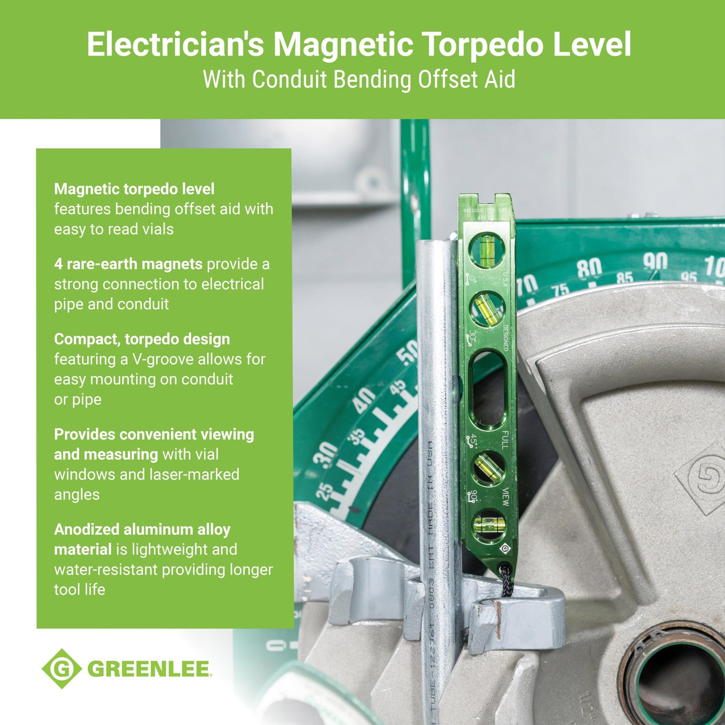 Greenlee L107 Electrician's Magnetic Torpedo Level with Conduit Bending Offset Aid, Green