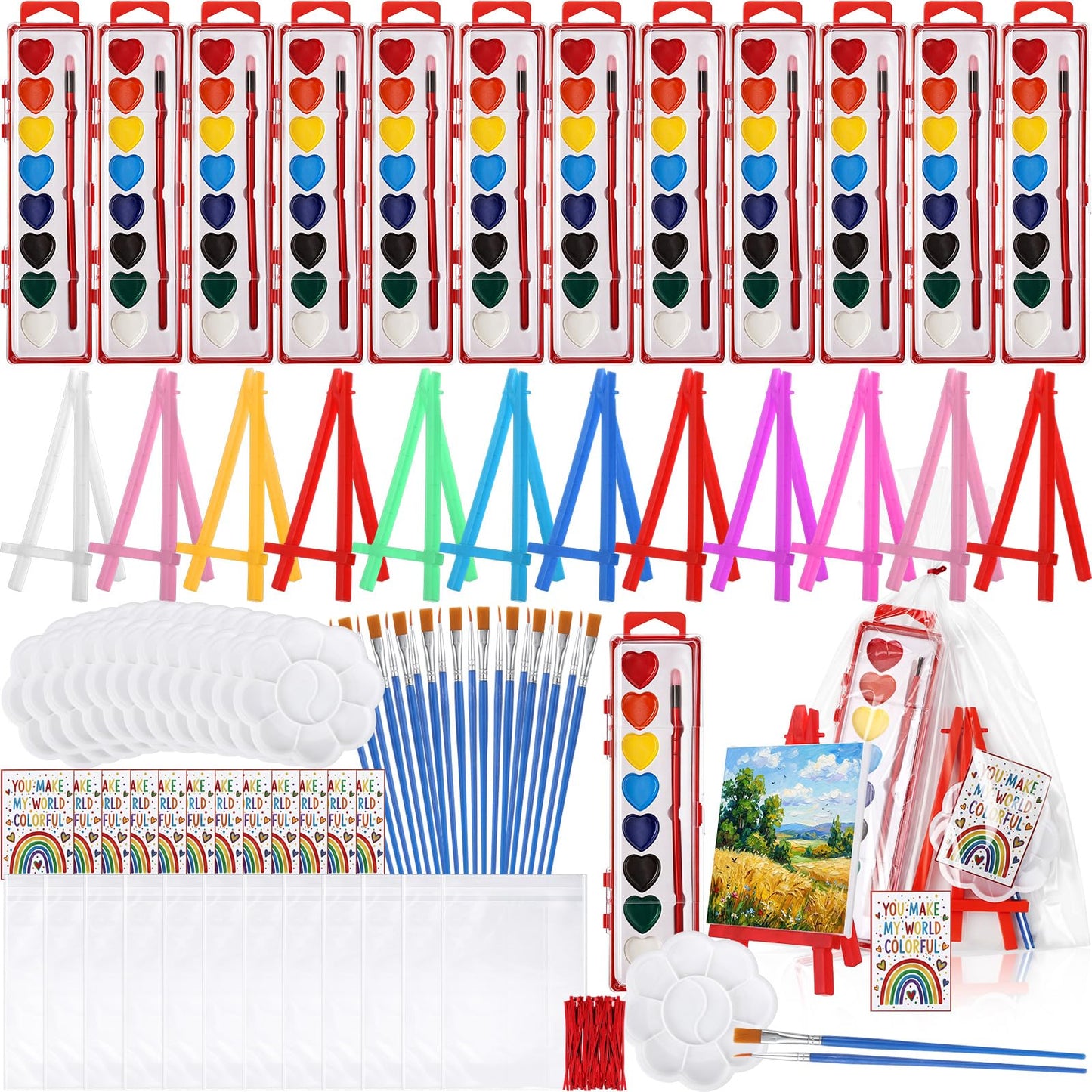 YooNotee 12 Pack Desktop Painting Kits for Adults 12 Heart Shaped Watercolor Paint Set 8 Colors 12 Small Easels 24 Paintbrushes 12 Palettes 12 Blank Canvases and Other Tool Gift for Valentines Party