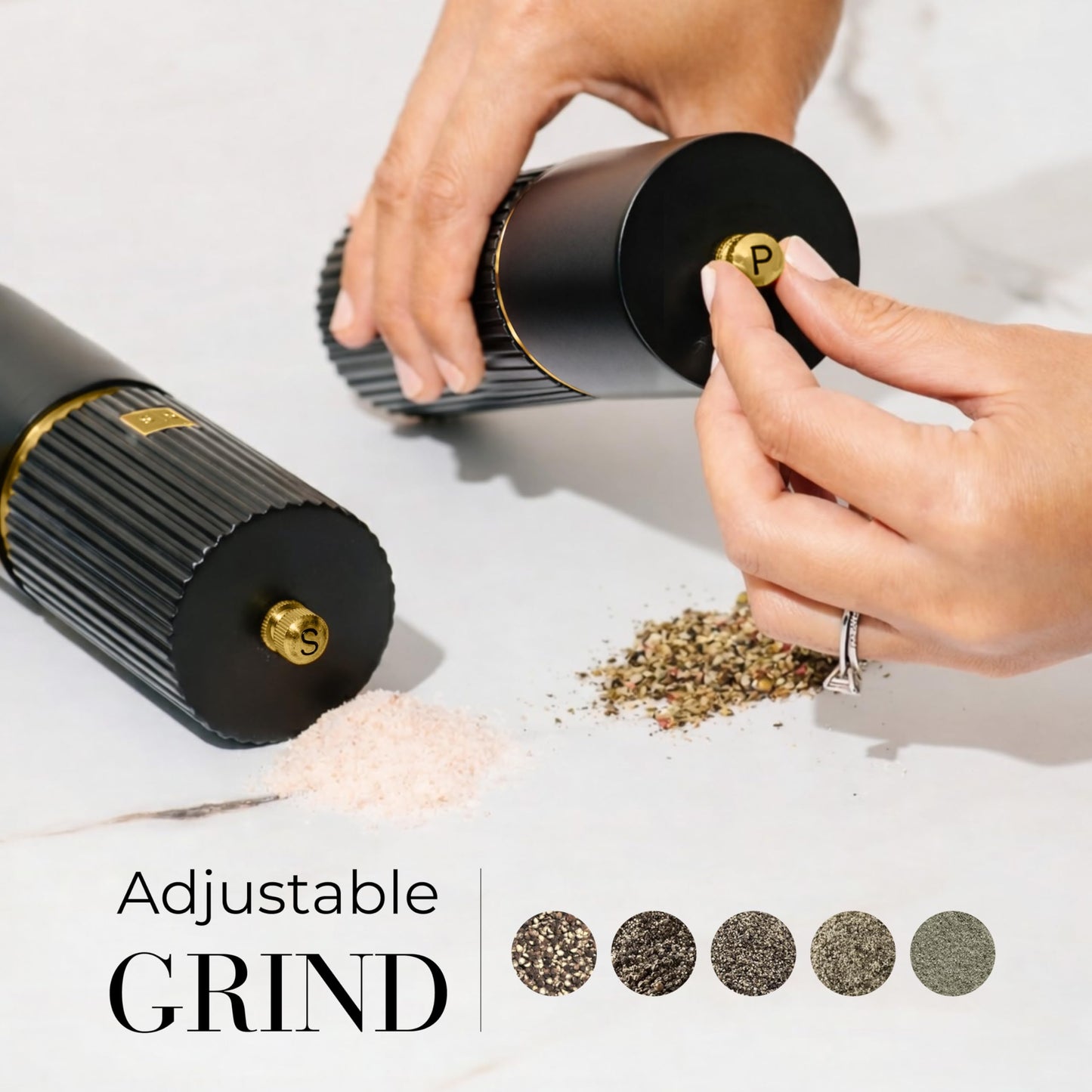 Wooden Salt and Pepper Grinder Set – Refillable Manual Salt and Pepper Mills with Adjustable Ceramic Burrs, Gold Detailing, and Wood Stand – Dark Wood
