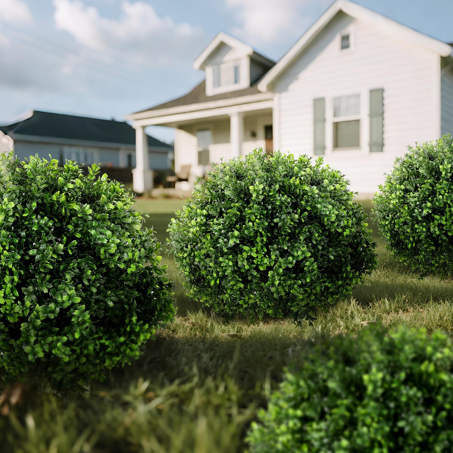 LadyRosian Artificial Boxwood Topiary Tree, 25 Inch 2 Set Outdoor Faux Boxwood Bush Plants,Indoor Ball Trees with Ground Spike, Fake Potted for Home Front Porch Decor Outside Garden