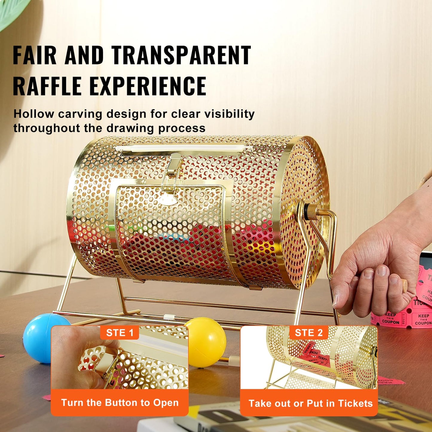 VEVOR Raffle Ticket Spinner - 12 x 8 Inch Raffle Drum Lottery Spinning Drawing, Brass Plated Raffle Tickets Roll Box with Wooden Turning Handle Holds 2500 Tickets or 100 Ping Pong Balls for Events
