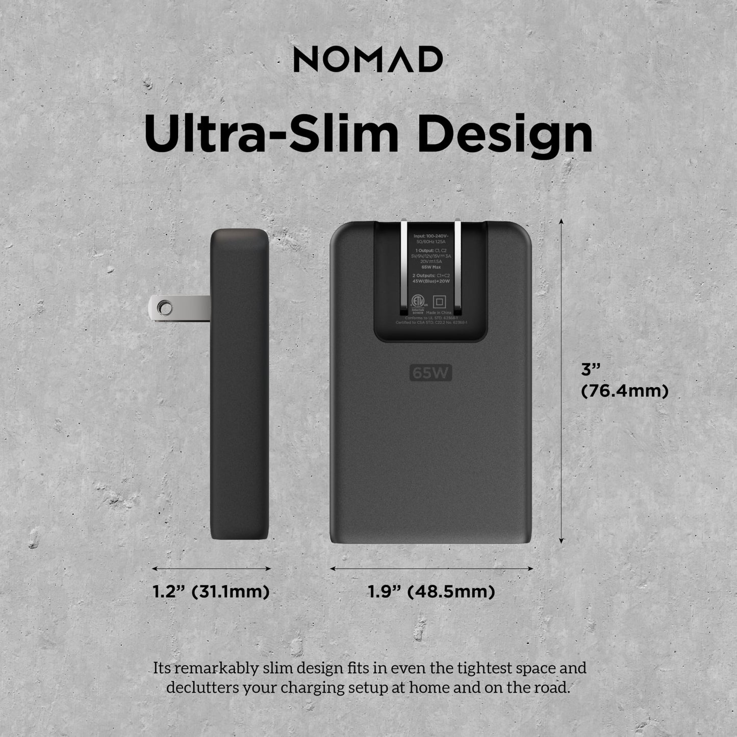 Nomad 65w Slim Power Adapter Carbide, Flat Wall Charger with Dual USB C Cable Ports, Flat Charger Block with Fast Charge Ports, Slim Charger Block Flat USB C Wall Plug, Slim USB C Wall Charger