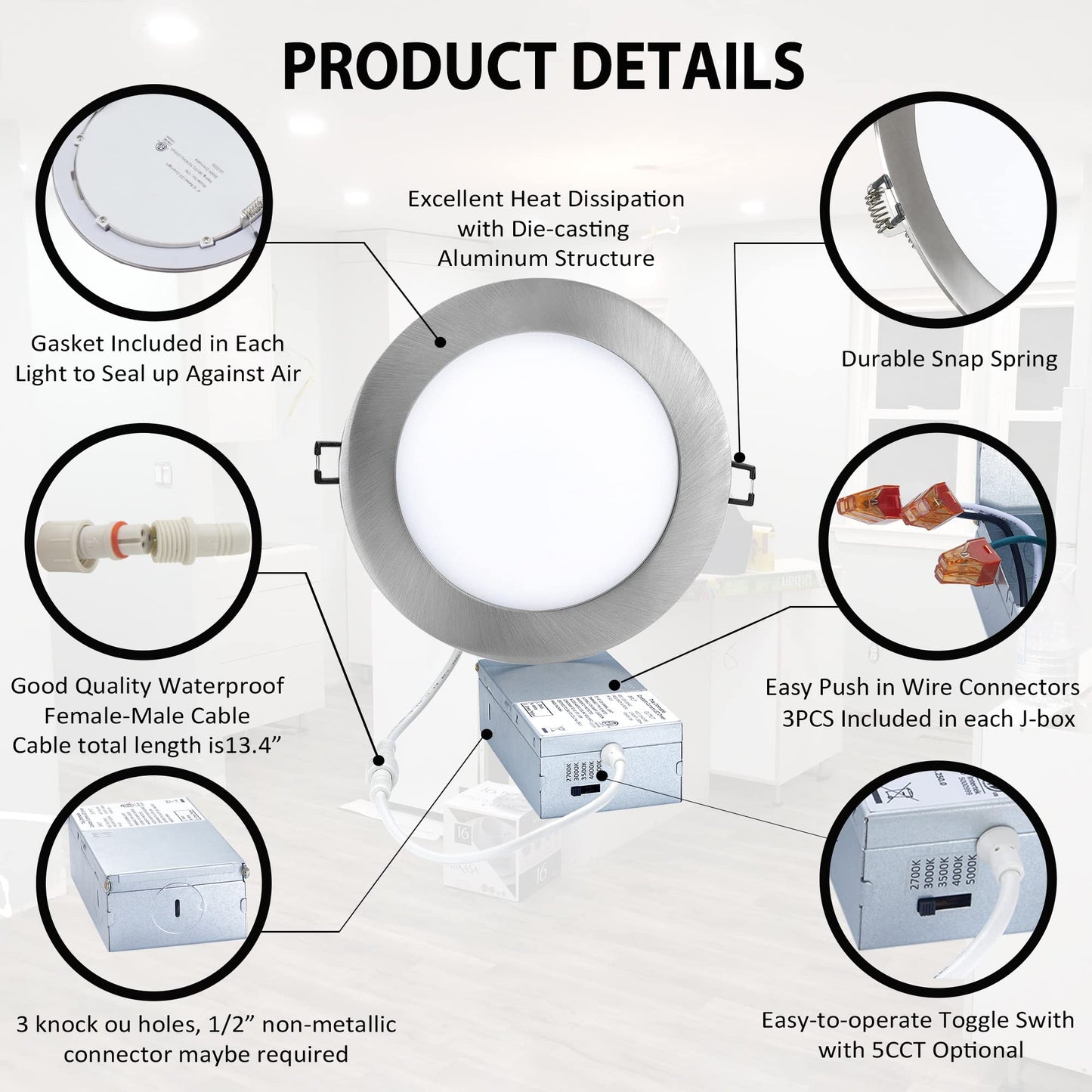 POPANU LED Canless Recessed Downlight Ultra-Thin 6 Inch 5 CCT Adjustable Ceilling Light with Junction Box, 12W Color Temperature Selectable Lighting Fixture, Dimmable, 6 Pack, Brushed Nickel