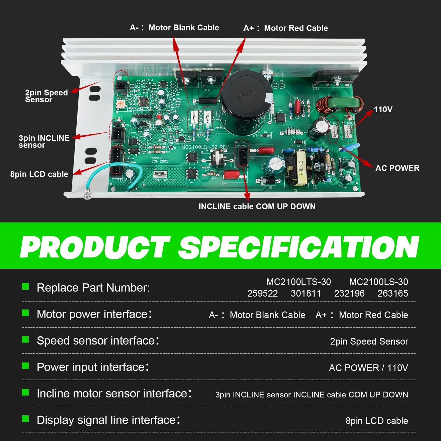 LEAPTREND MC2100LTS-30 259522 Treadmill Motor Control Board, Treadmill Controller Motherboard Compatible with Epic, FreeMotion, Gold's Gym, Health Rider, ProForm, Reebok (Icon) Models