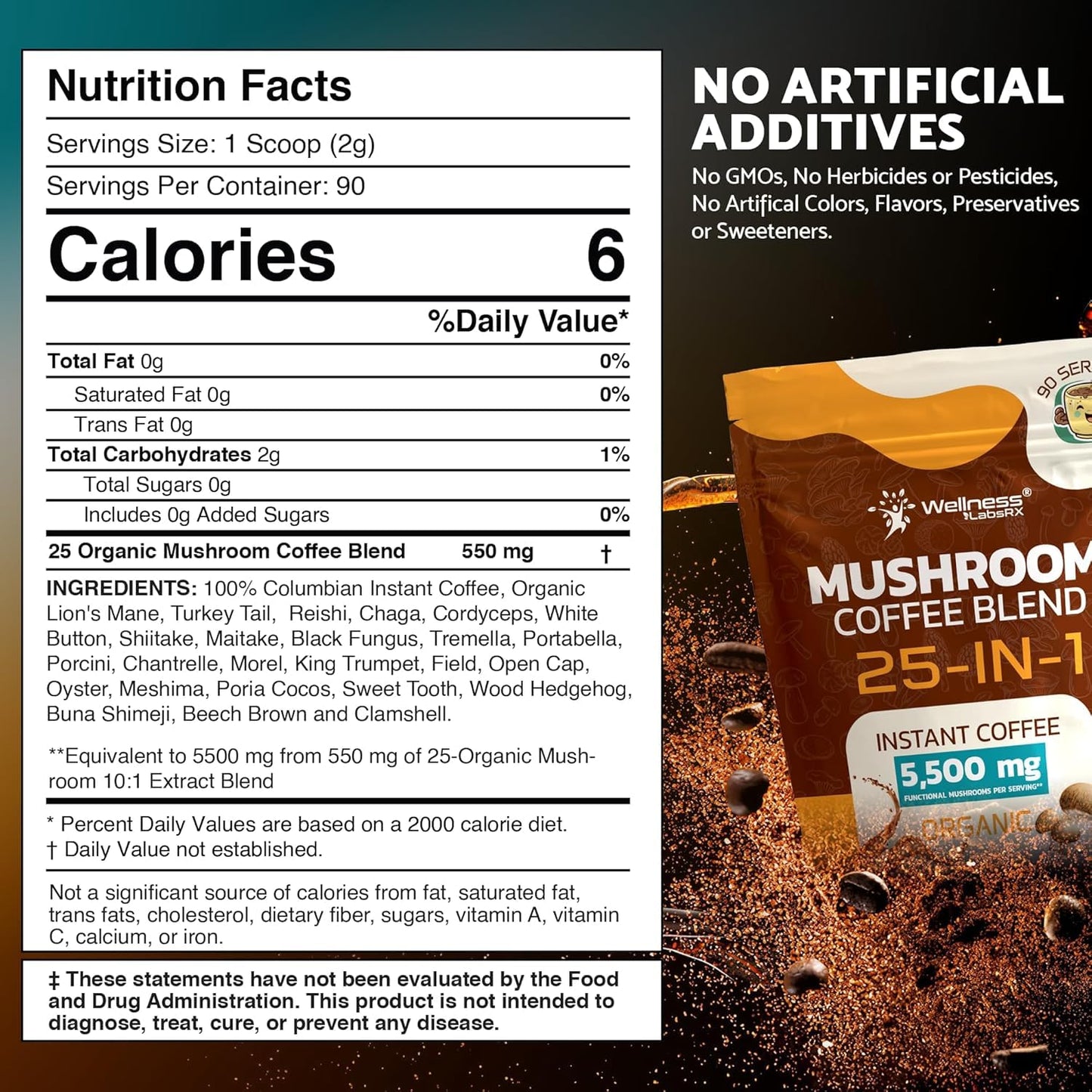 Mushroom Coffee Organic Instant Coffee, 25-in-1, Third-Party Tested Keto Friendly Lions Mane Supplement with Functional Mushrooms – Shiitake, Reishi, Lion’s Mane & More | Smooth, Rich Flavor - 90 Servings (Pack of 2)