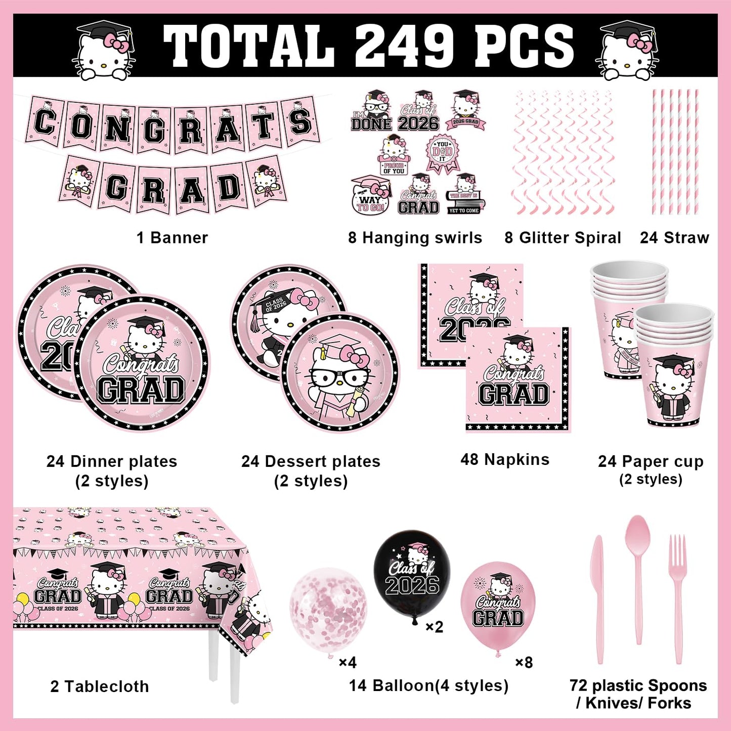 Pink Graduation Decorations, 249Pcs Graduation Party Tableware Supplies with Disposable Plates Napkins Cups Tablecloth and Congrats Grad Banner for Class of 2026 Party Decorations, Serves 24
