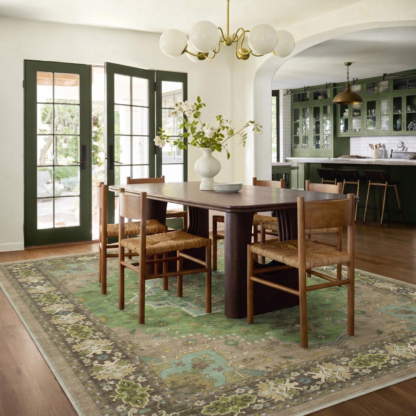 AMADA HOMEFURNISHING 8x10 Area Rug for Living Room, Vintage Washable Area Rug Low-Pile & Non-Slip Carpet for Bedroom Dining Room Nursery Home Office, Green