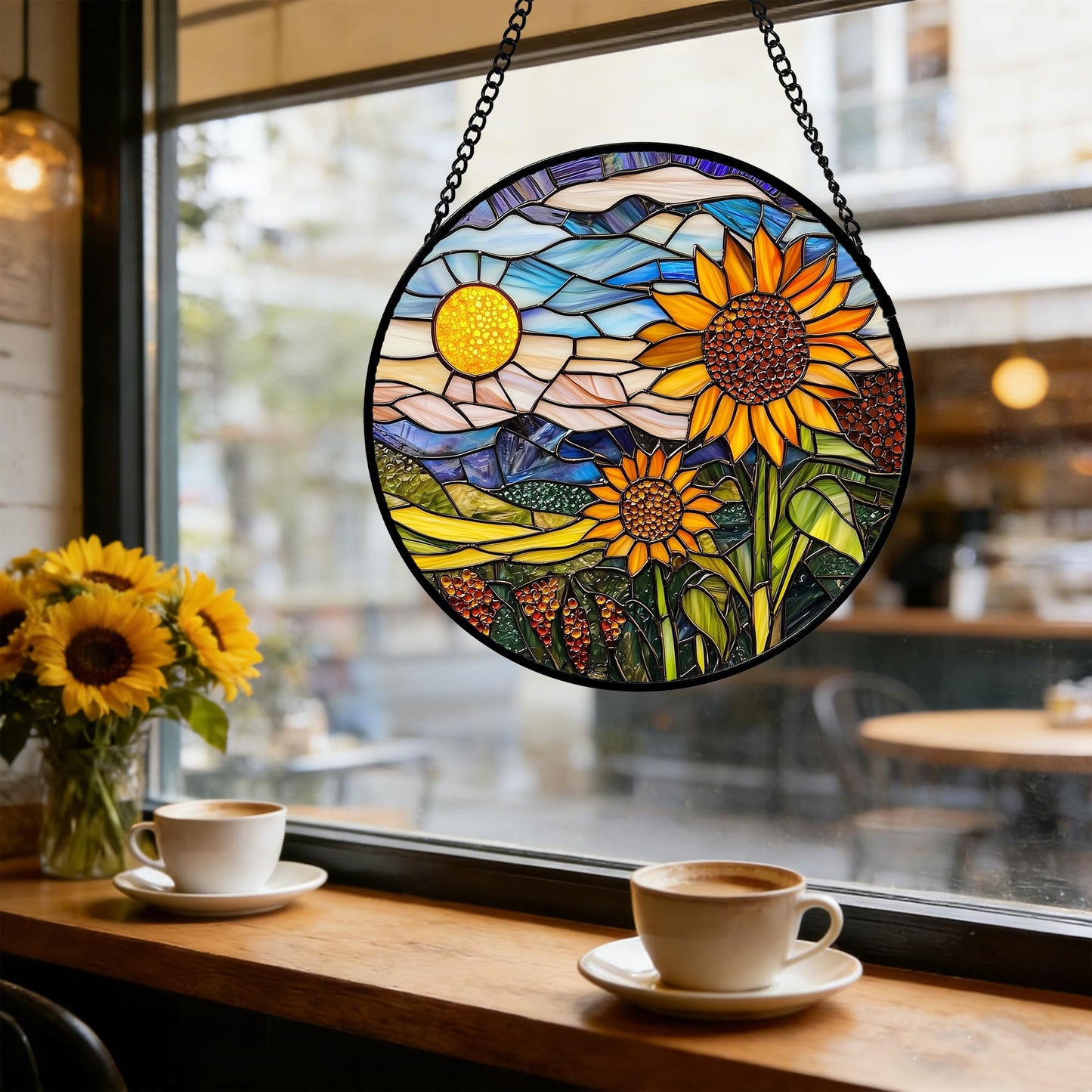 AMDERVEN Stained Glass Suncatcher, Sunflower Flowers Landscape Sun Catcher Plant Mountains Stain Glass Window Hanging Decoration Mother's Day Birthday Gifts for Women Men Mom Nana 7.8 in