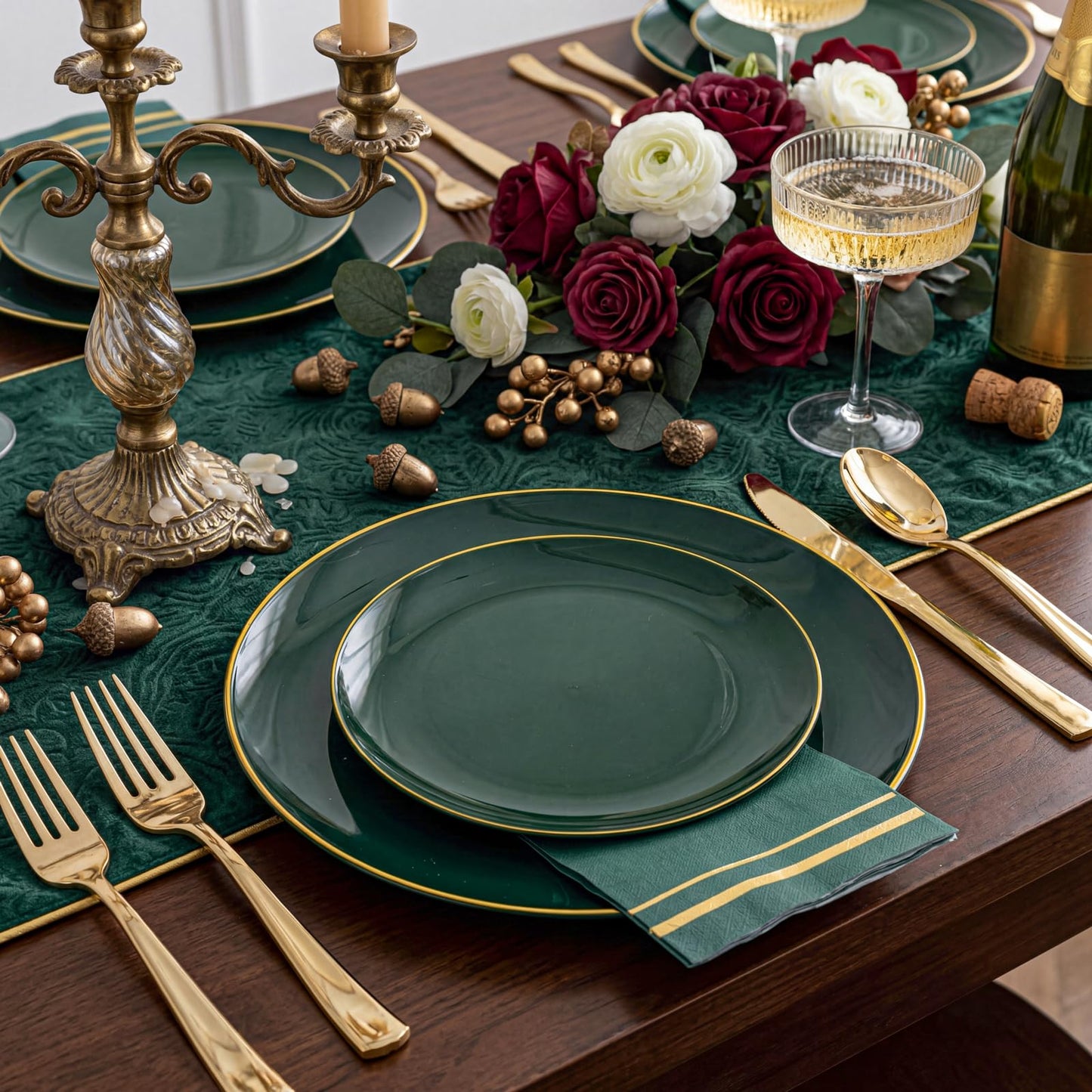 NOCCUR 350PCS Green Plastic Plates - Disposable Green Gold Dinnerware Set for 50 Guests, 100 Dinner/Dessert Plates, 150 Gold Silverware, 50 Cups&50 Napkins for Party ＆ Wedding ＆ World Cup 2026