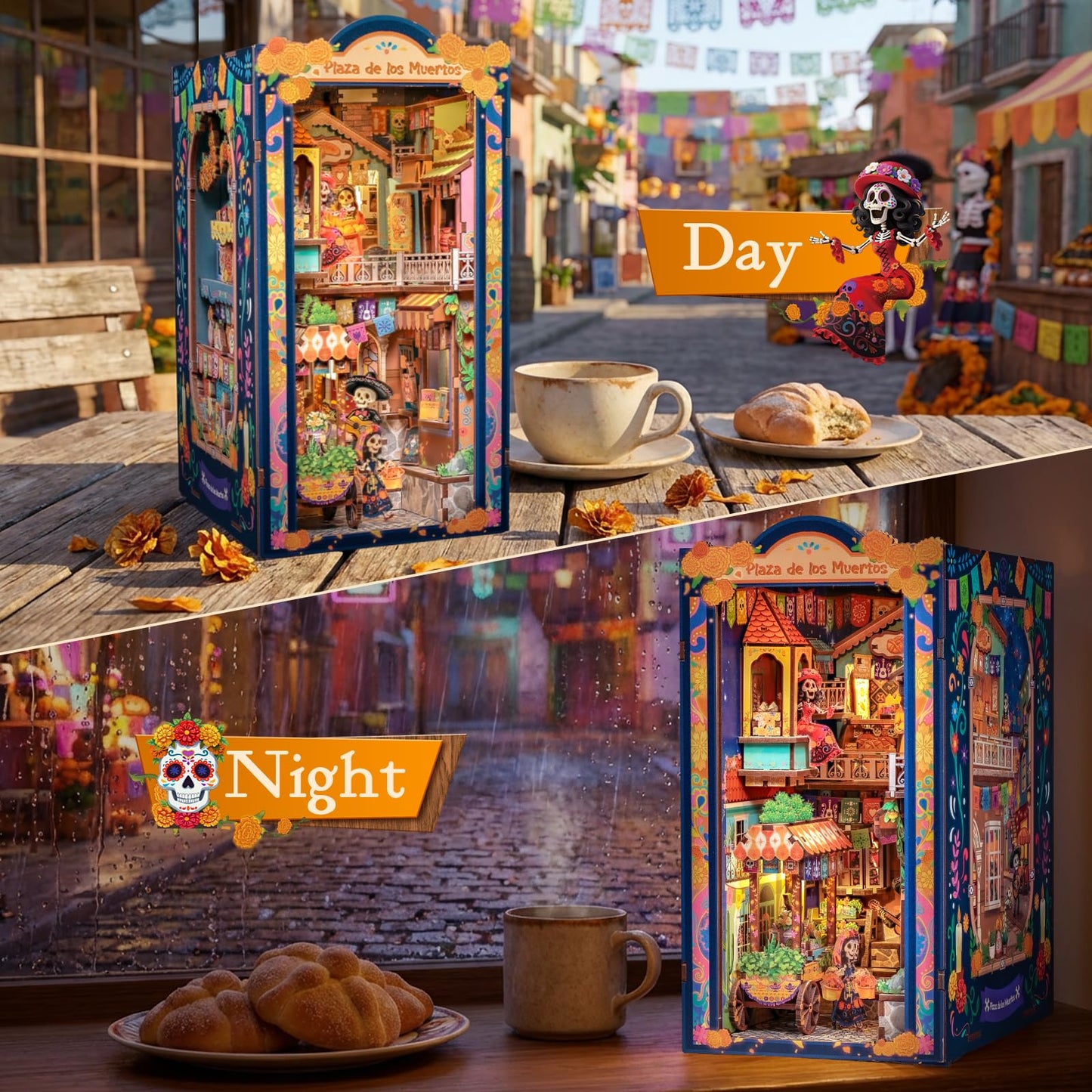 Cutefun DIY Book Nook Kits for Adults Mexican Art and Culture, Decorative Bookends for Bookshelf with LED Light & Dust Cover, 3D Wooden Puzzle Booknook for Teens Creative Gifts (Plaza de Los Muertos)
