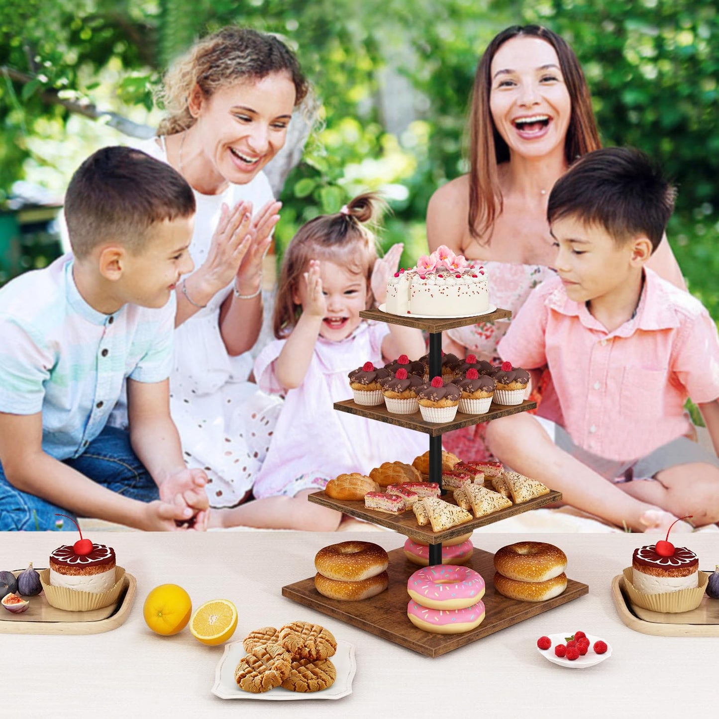 ELITEROO 4 Tier Cupcake Stand, 360 Rotating Cupcake Stand for 50 Cupcakes, Square Tiered Cup Cake Tower Holder, Wooden Dessert Display Stands for Party Wedding Graduation Birthday Baby Shower