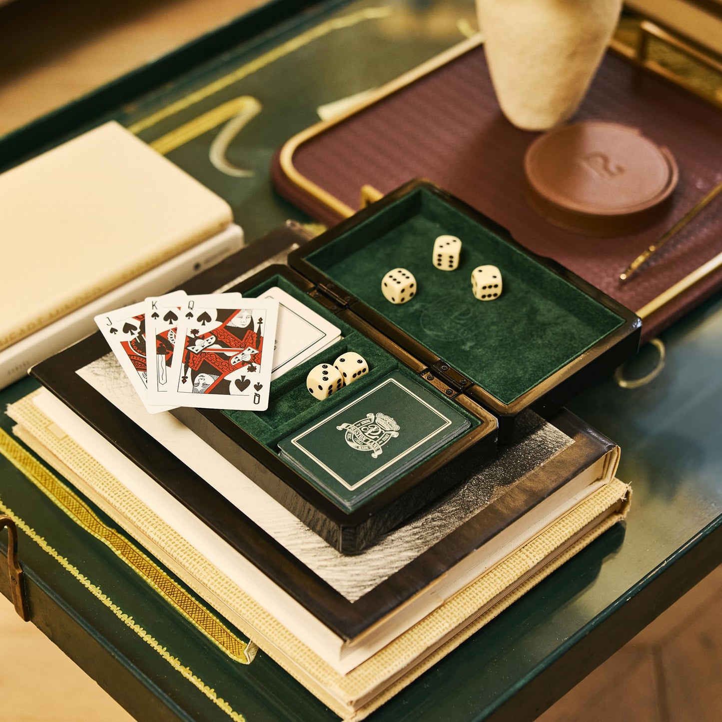Preston Lane Chester Luxury Game Box – Wooden Playing Card & Dice Set with Velvet Lining – Burled Wood & Black Lacquer Finish – Coffee Table Décor or Gift