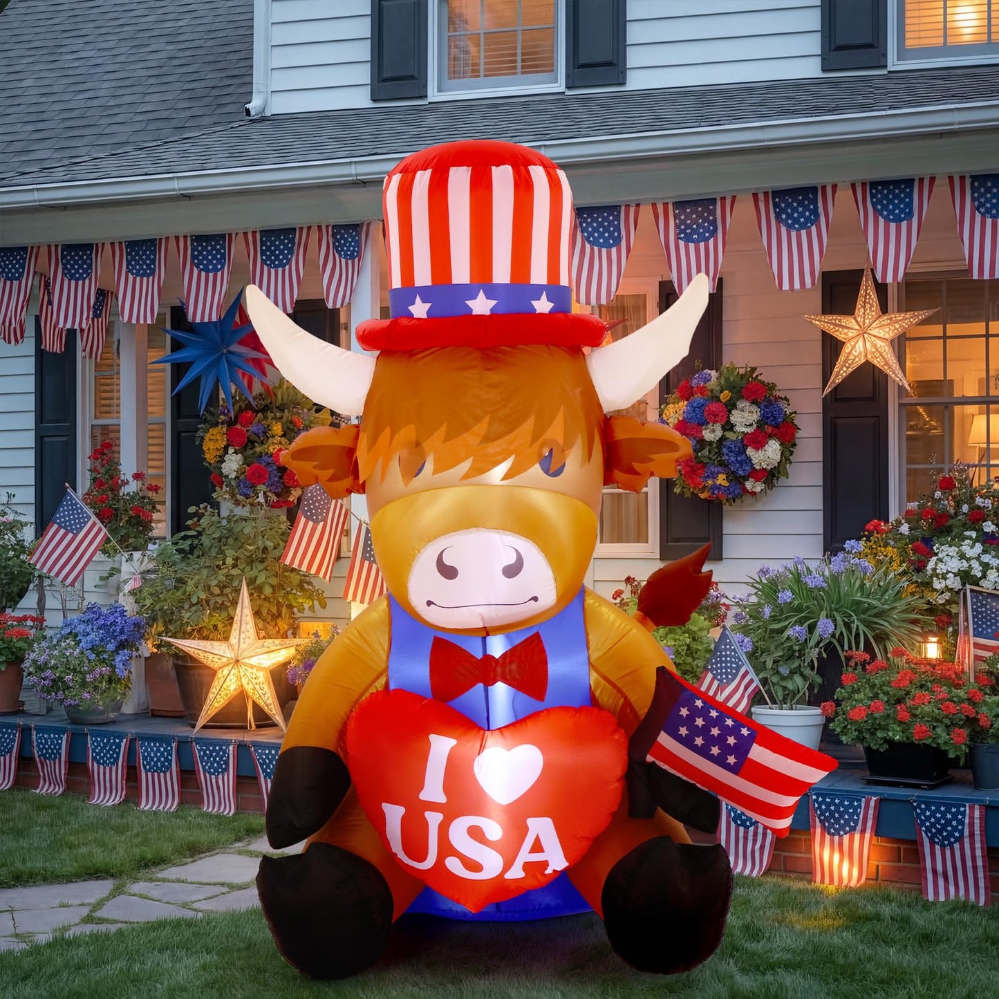 Sosation 5ft USA Patriotic Inflatable Highland Cow 250th Anniversary with LED Lights Memorial Day Red White Blue Blow up Lighted Yard Decor for 4th of July Holiday Indoor Outdoor Lawn Garden Party