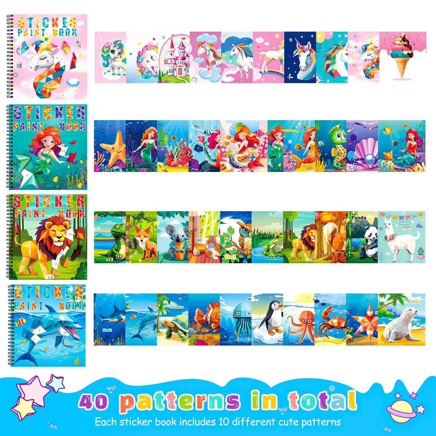 homicozy 4PCS Sticker Paint Books for Kids Ages 4-10,Unicorn Mermaid Animals Designs Paint By Stickers,Sticker By Numbers,Party Birthday Gifts for Girls 4-10,Create 40 Pictures One Stickers at A Time