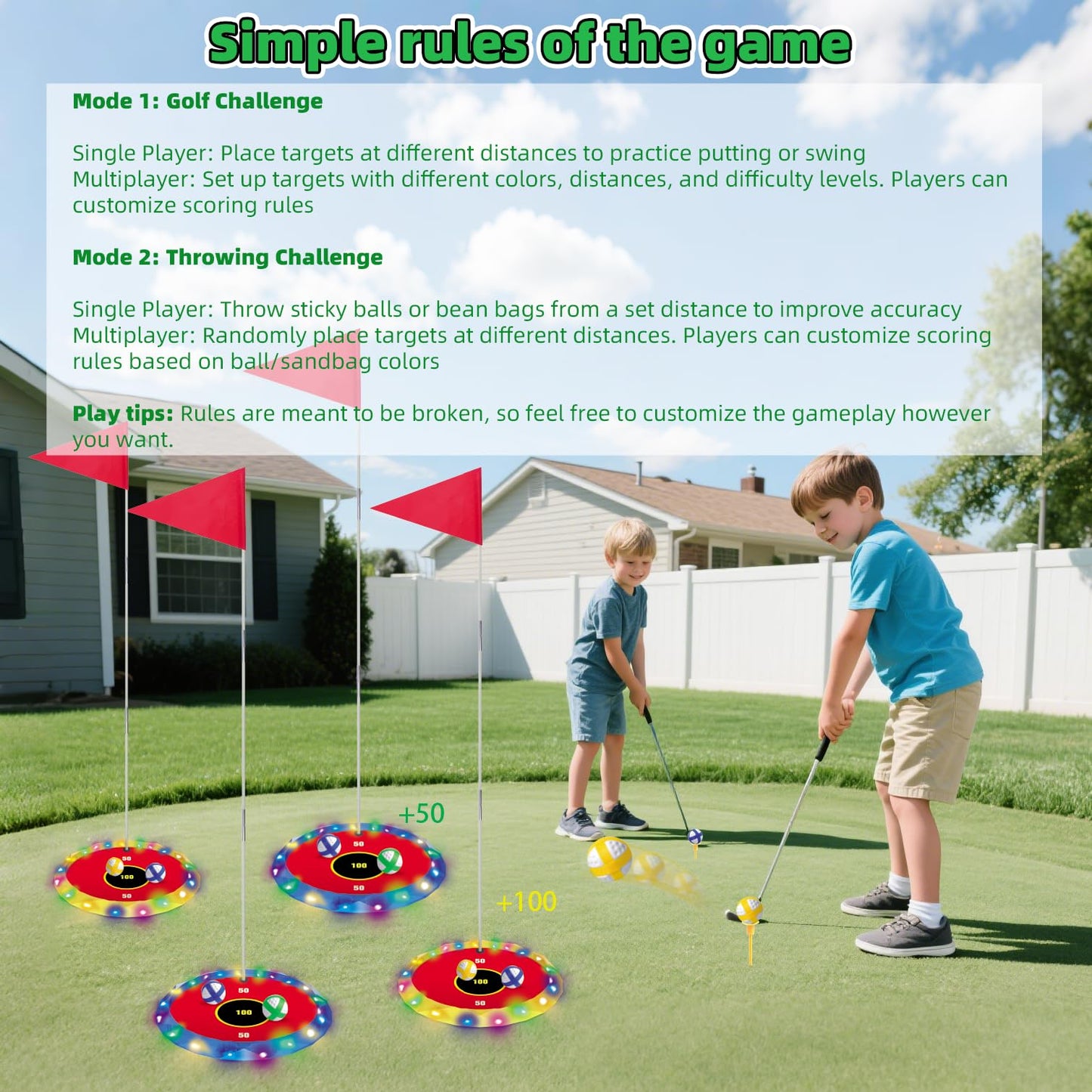 VATOS Light Up Golf Game Set for Kids, 2-in-1 Golf & Toss Game, 16 Balls, 2 Clubs, 6 Lighted Targets, Indoor & Outdoor Game Set, Gifts for Kids Boys Girls Ages 3-8