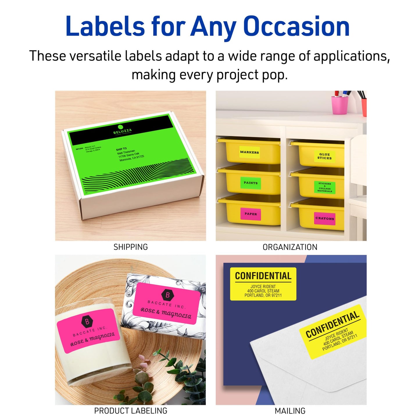 Avery Printable Shipping Labels with Sure Feed, 2"x 4", Assorted Neon Colors (Magenta, Green, and Yellow), Laser & Inkjet Compatible, 1,000 Blank Labels Total (5964)