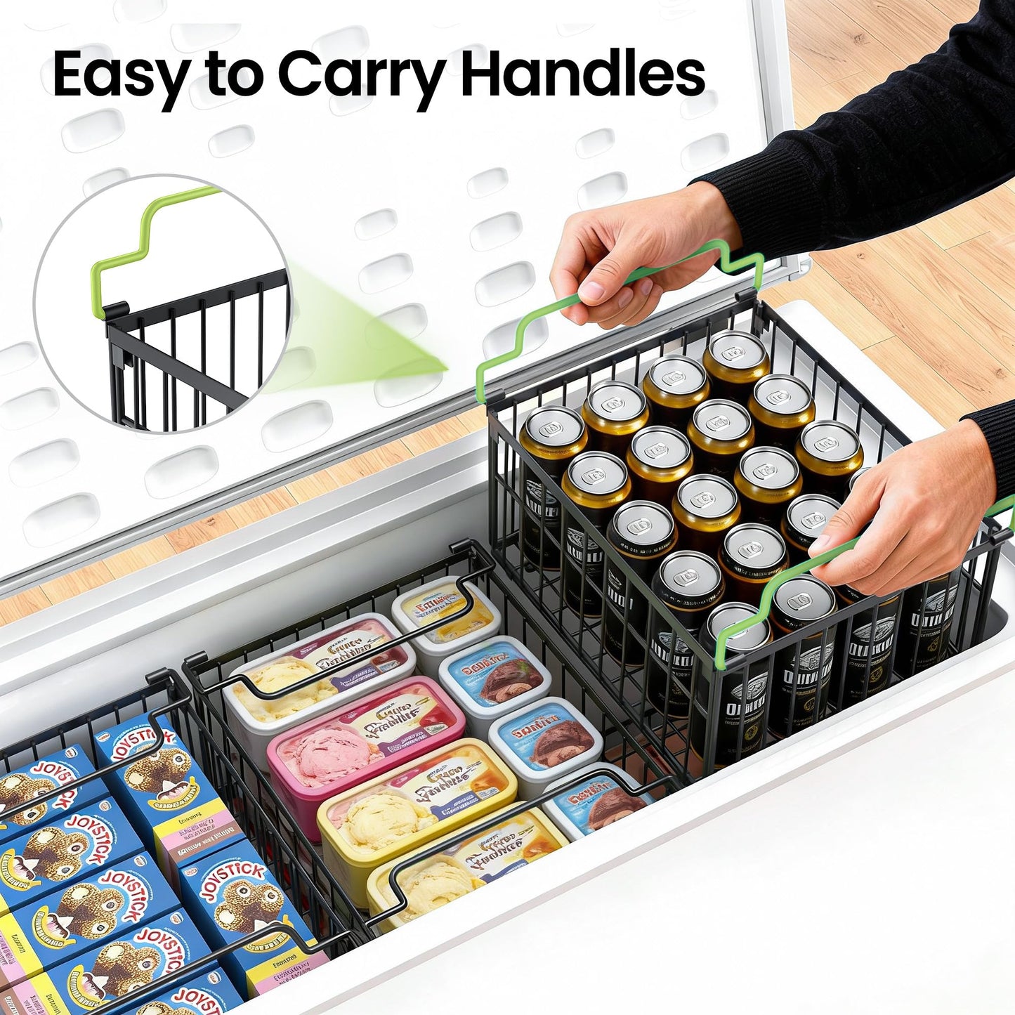 MSERCUOR Freezer Organizer Bins, 3 Pack Big Stackable Deep Chest Freezer Organizer Bins, Foldable Baskets with Handles, Black Storage Container Baskets for 5 to 9 Cu.FT Deep Freezer Sort Frozen Meats