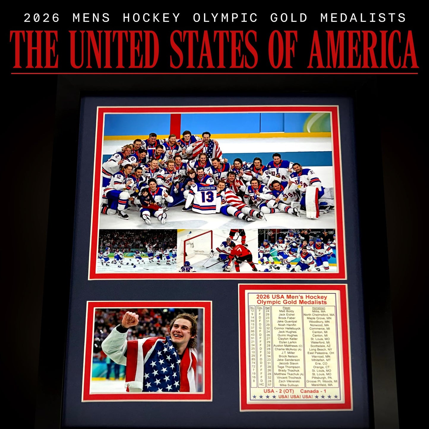 Legends Never Die 2026 USA Hockey Gold Medal Winners | Collectible Winter Olympics Ice Hockey Memorabilia | Framed Picture & Photo Collage Gift, Man Cave Wall Art, Home Decor | 2 Sizes (12"x15")