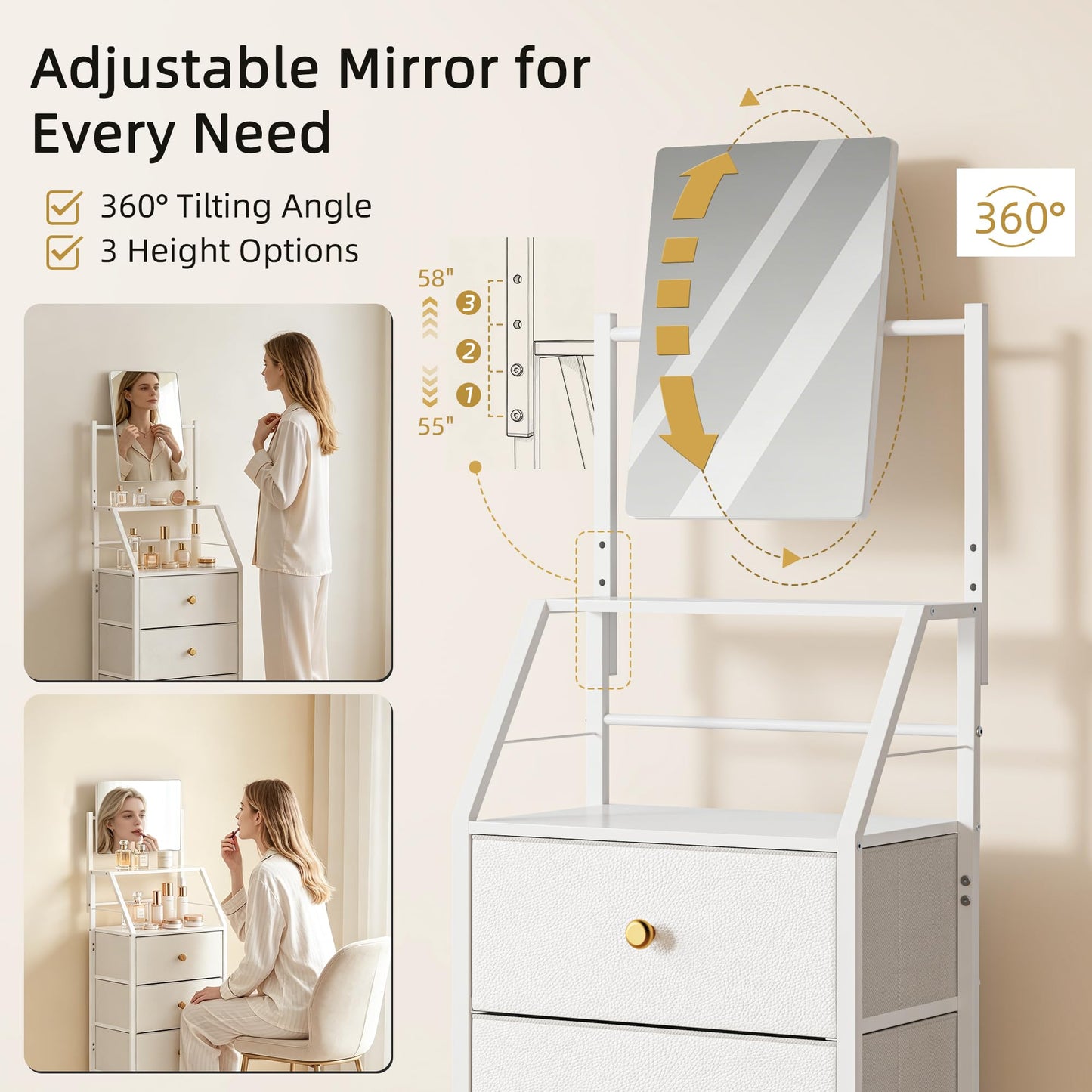 HIGDBFE 4-Drawer Dresser with Mirror, Vanity with 2-Tier Shelves, Fabric Chest of Drawers for Small Space, Vertical Storage Cabinet for Bedroom, Nightstand Bedside Table Furniture, White, 15.3" W