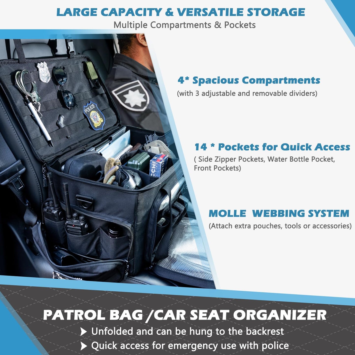 SPORJET Patrol Bag Law Enforcement - Police Duty Bag - Water Resistant Car Front Seat Organizer with 15.6" Laptop Storage and Molle System for Police Gear, EMTs, Cameras, Pet Detective Gear
