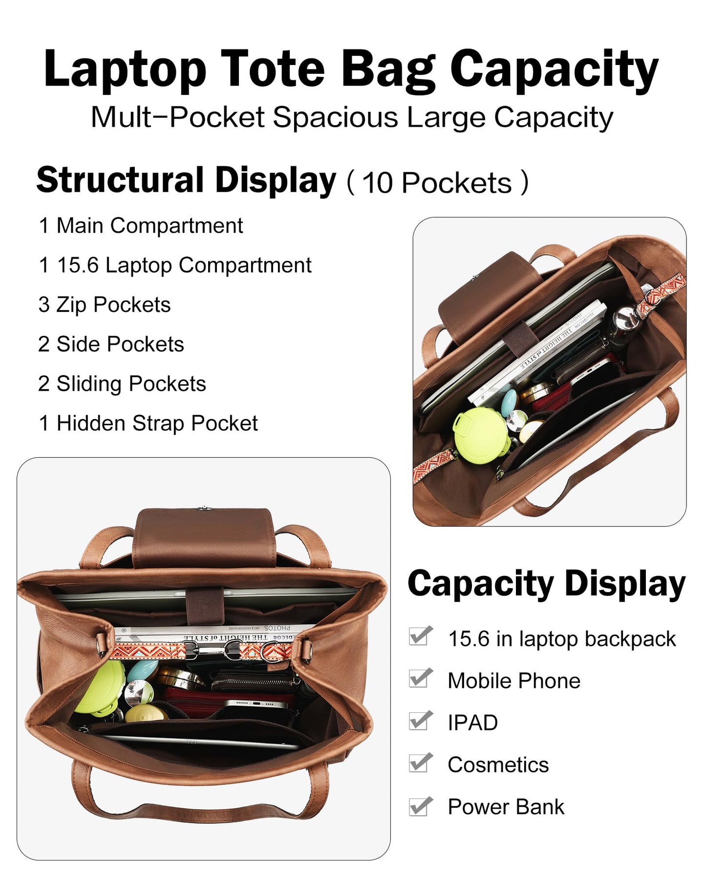 FADEON Large Laptop Tote Bag for Women Designer Leather Laptop Bag Fashion Travel Backpack Purse Shoulder Handbag Brown